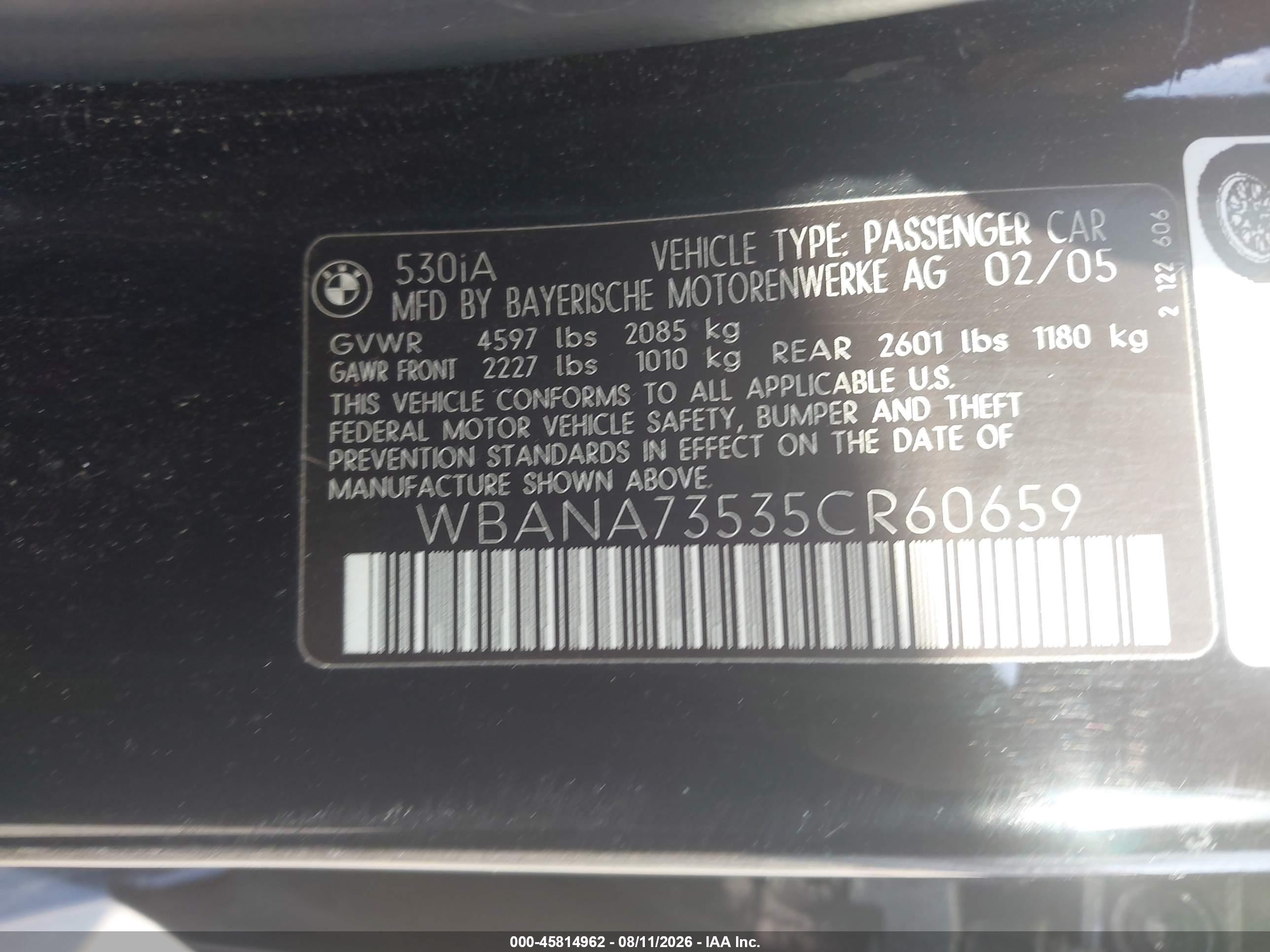 2005 Bmw 530i   Black vin: WBANA73535CR60659
