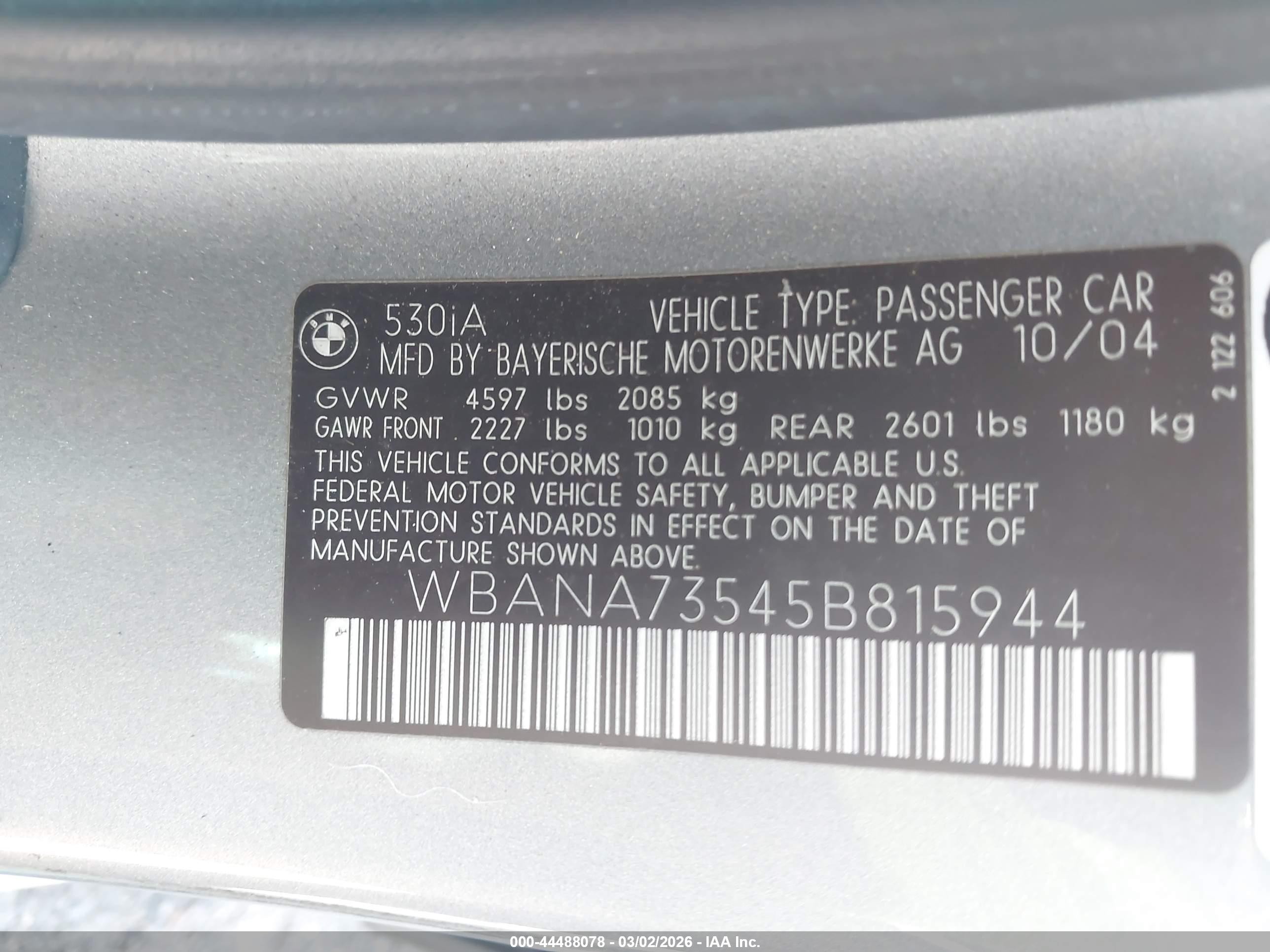 2005 Bmw 530i   Gray vin: WBANA73545B815944