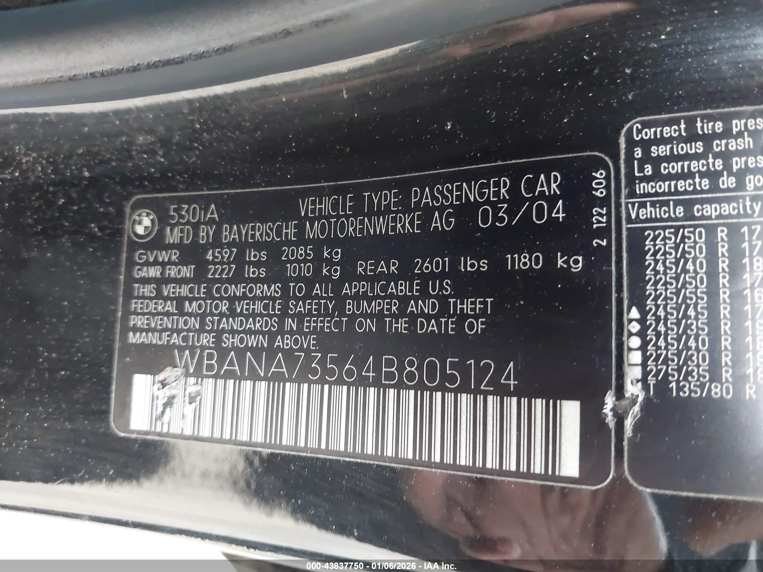 2004 Bmw 530i   Black vin: WBANA73564B805124