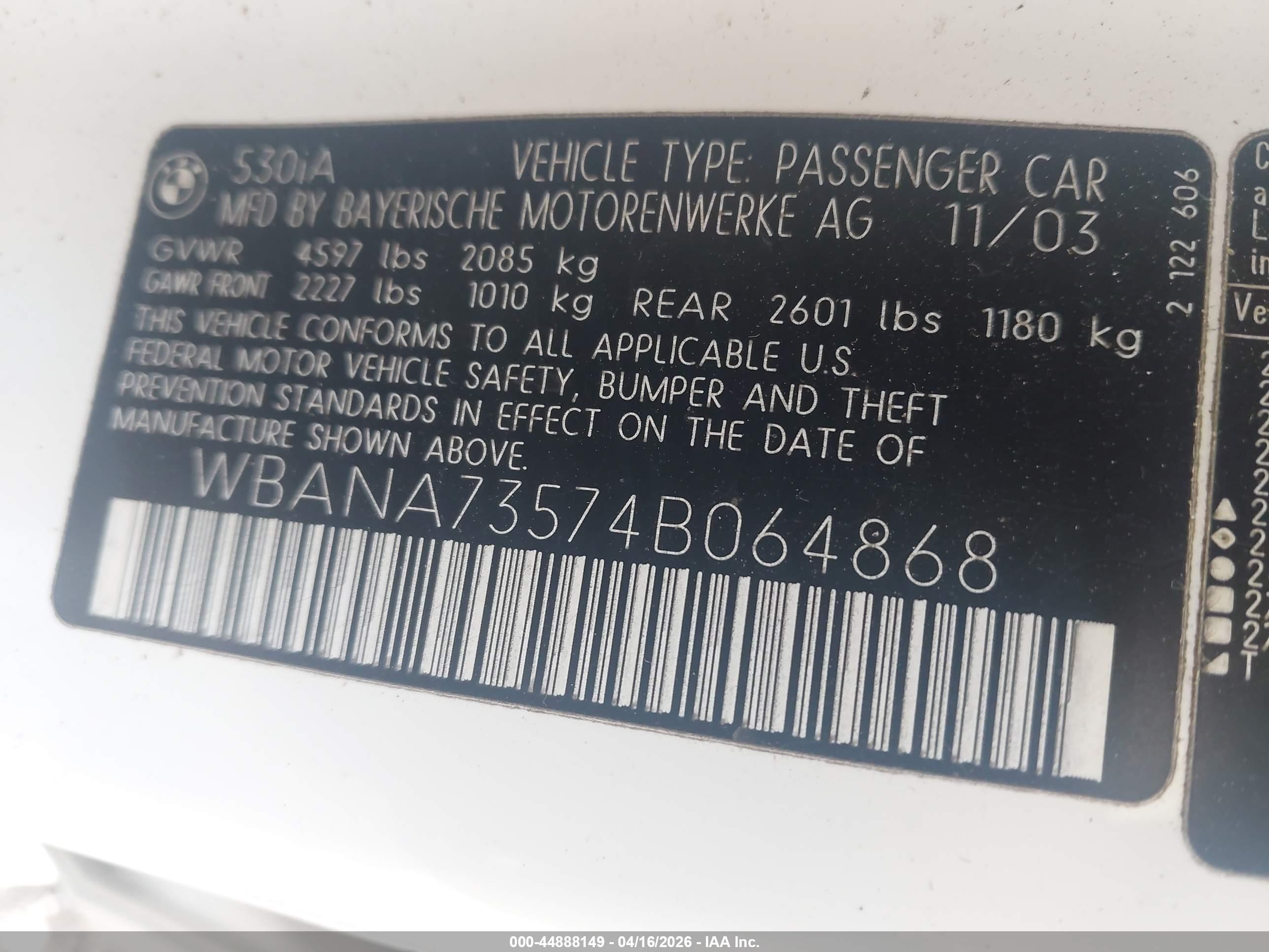 2004 Bmw 530i   White vin: WBANA73574B064868