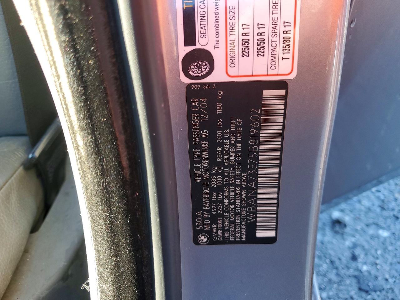 2005 Bmw 530 I Silver vin: WBANA73575B819602