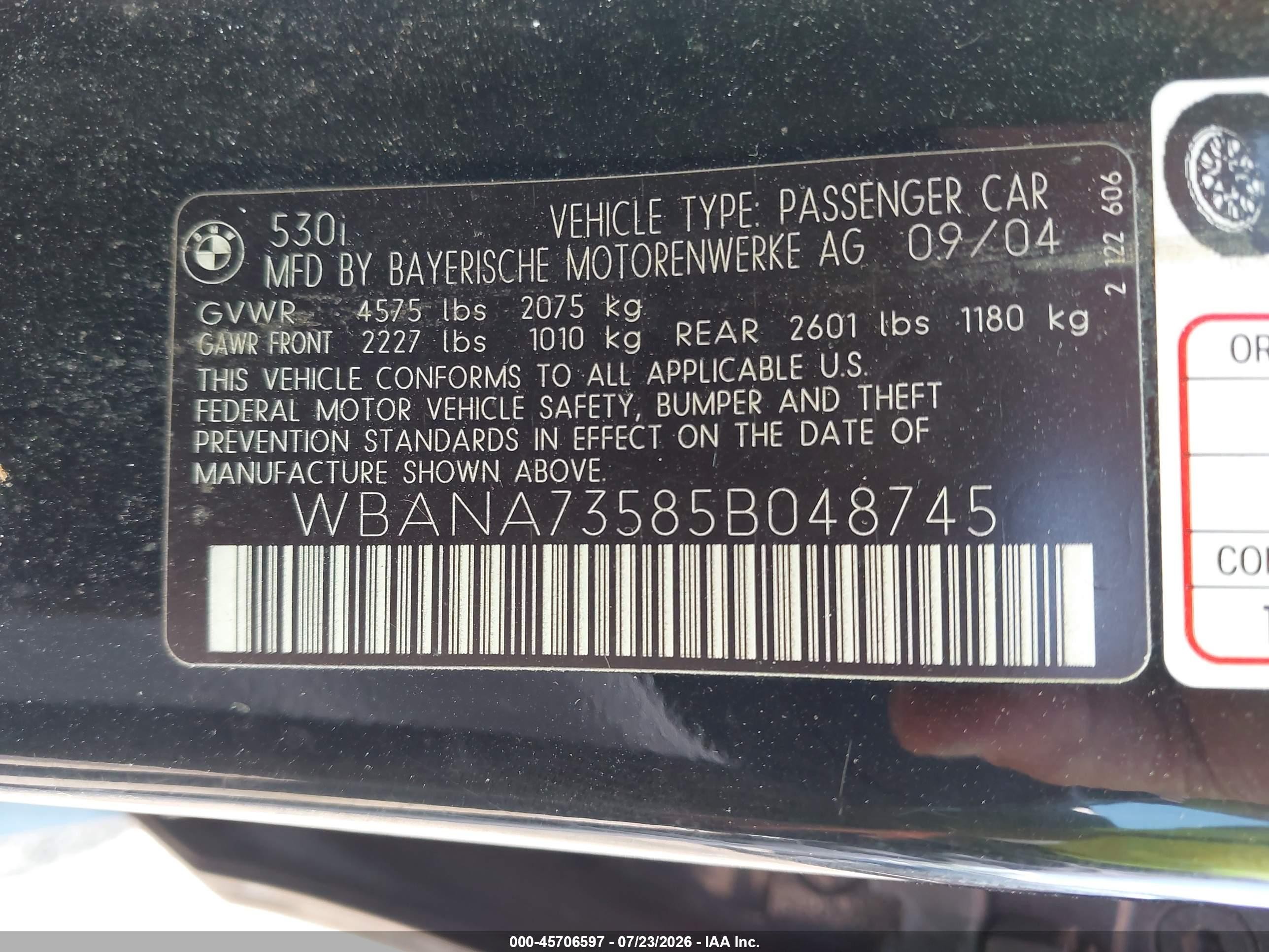 2005 Bmw 530i   Black vin: WBANA73585B048745