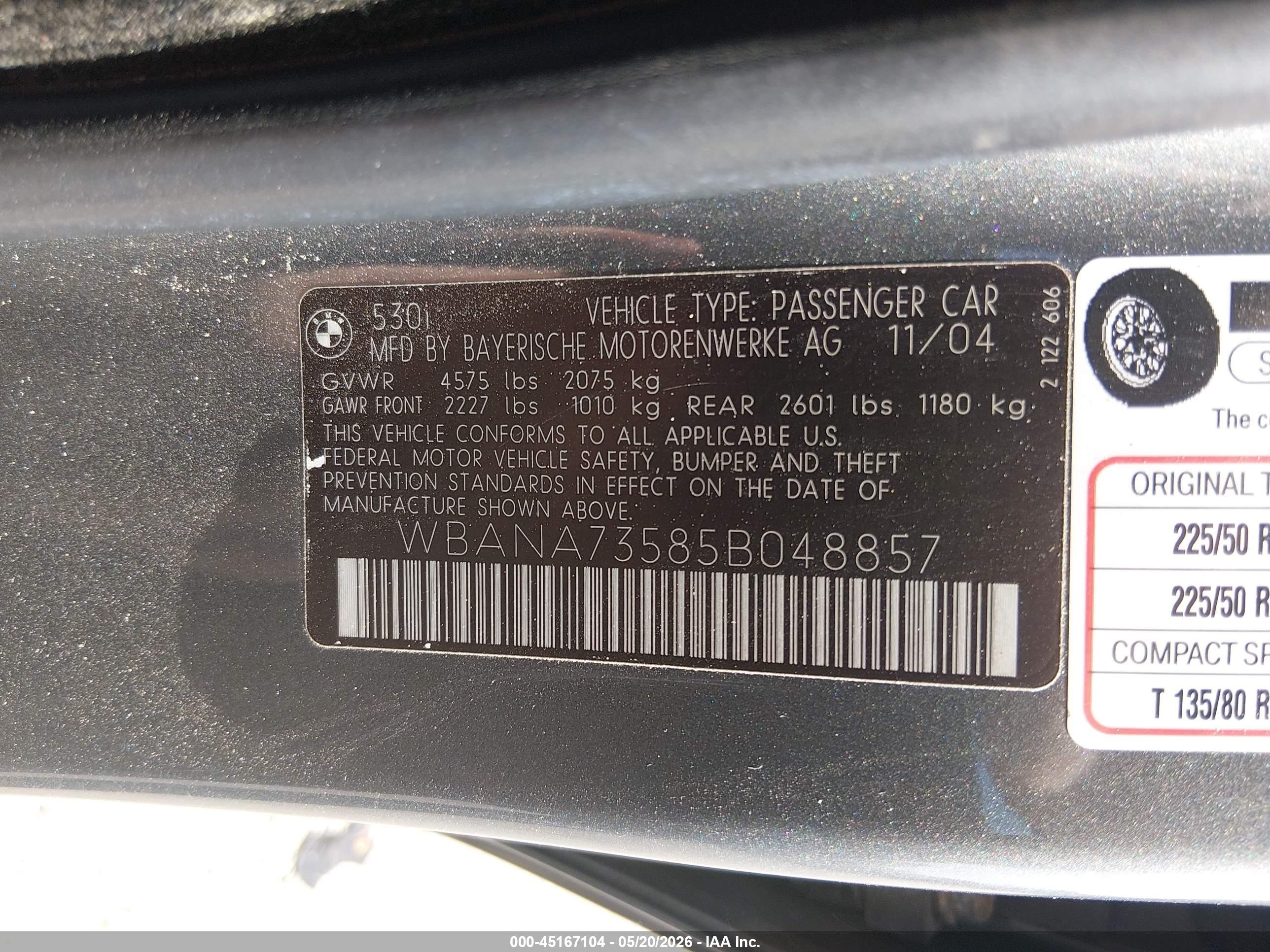 2005 Bmw 530i   Gray vin: WBANA73585B048857