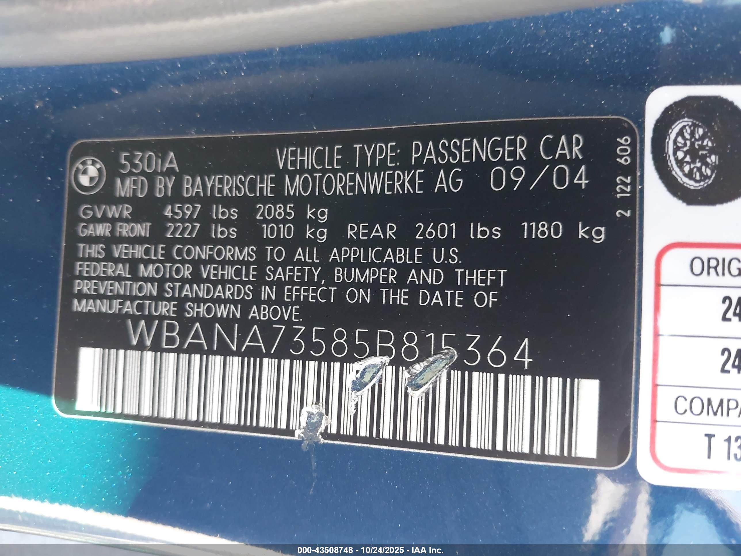 2005 Bmw 530i   Blue vin: WBANA73585B815364