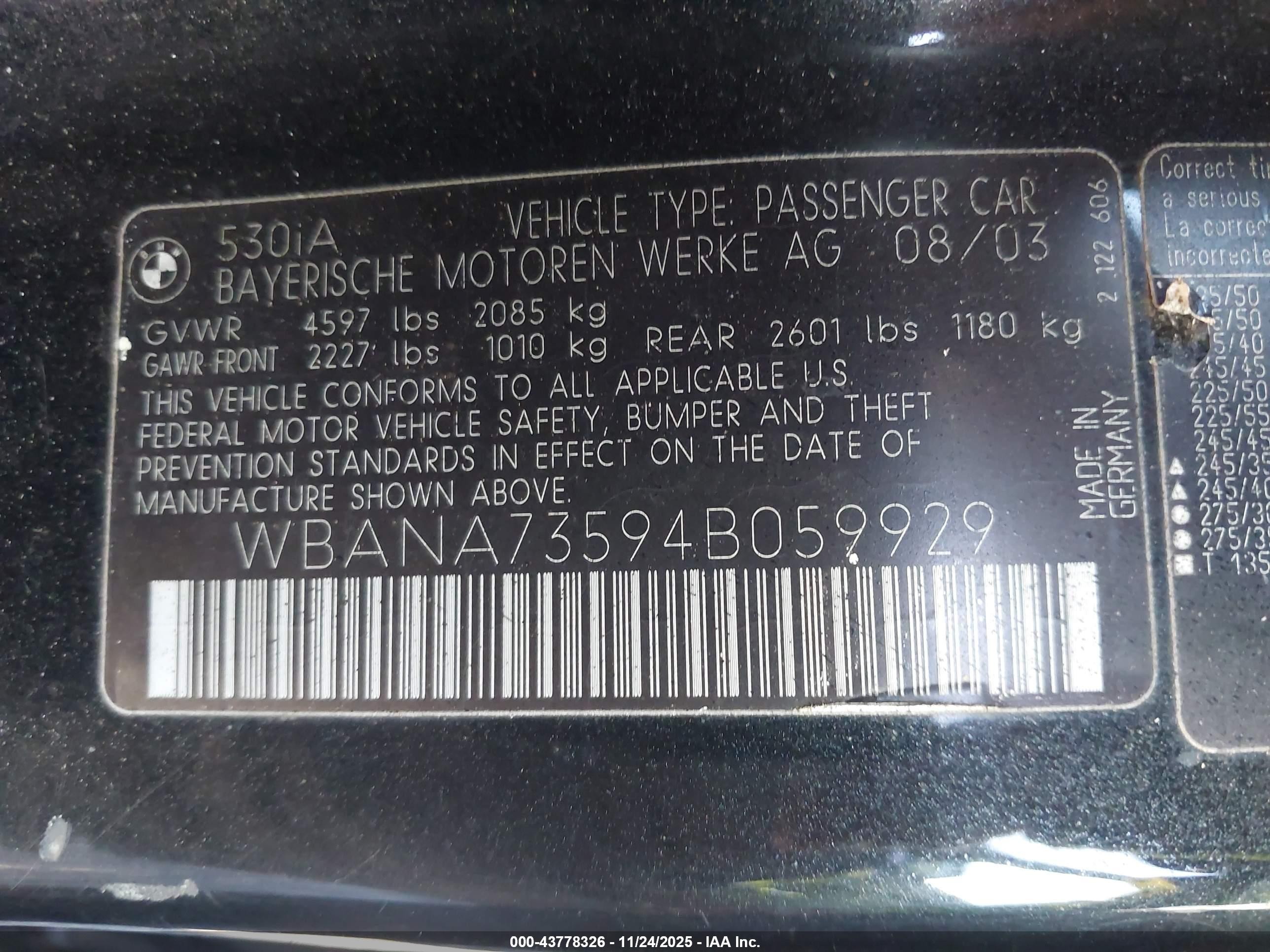 2004 Bmw 530i   Black vin: WBANA73594B059929