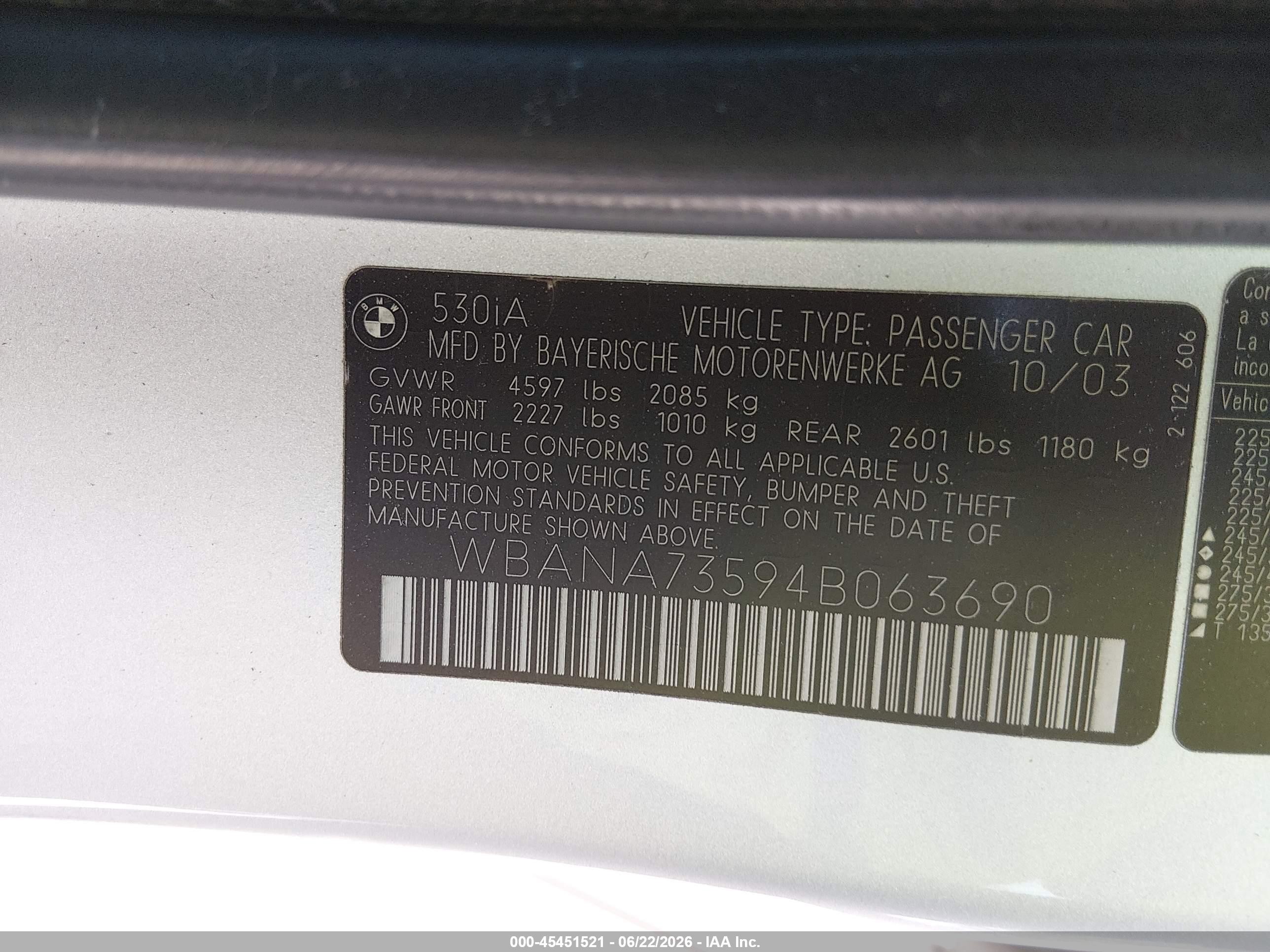 2004 Bmw 530i   Silver vin: WBANA73594B063690