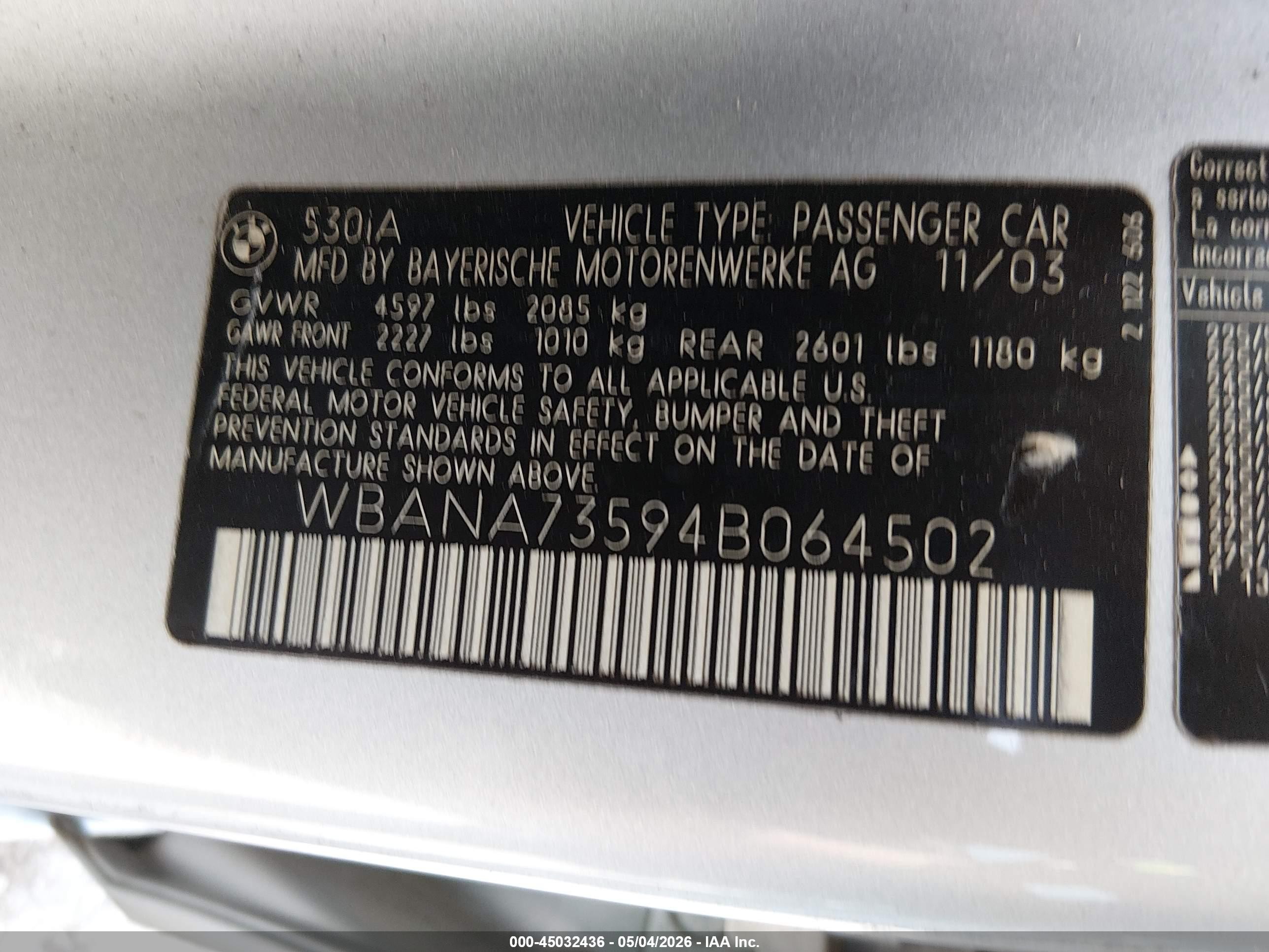 2004 Bmw 530i   Silver vin: WBANA73594B064502