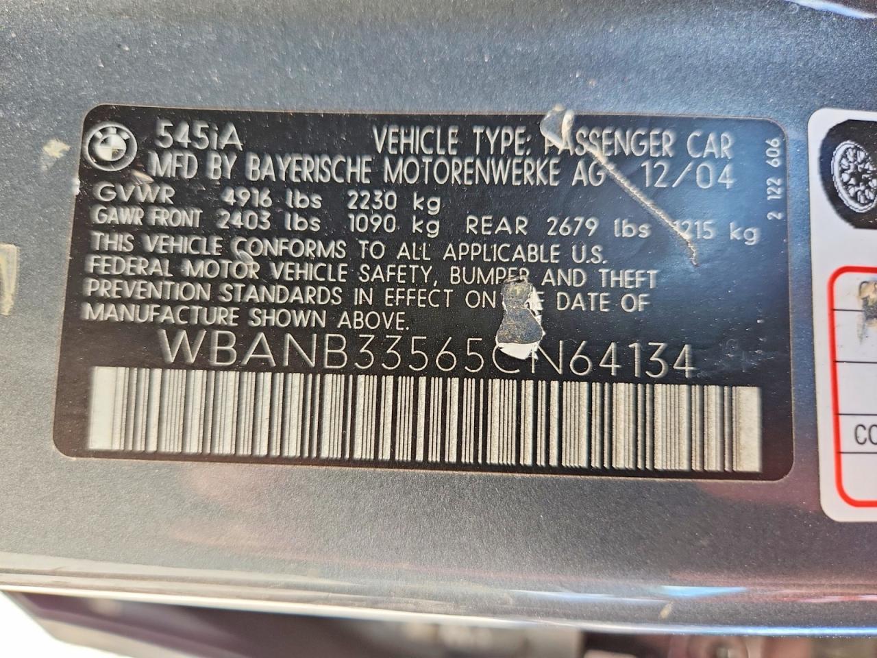 2005 Bmw 545 I Gray vin: WBANB33565CN64134