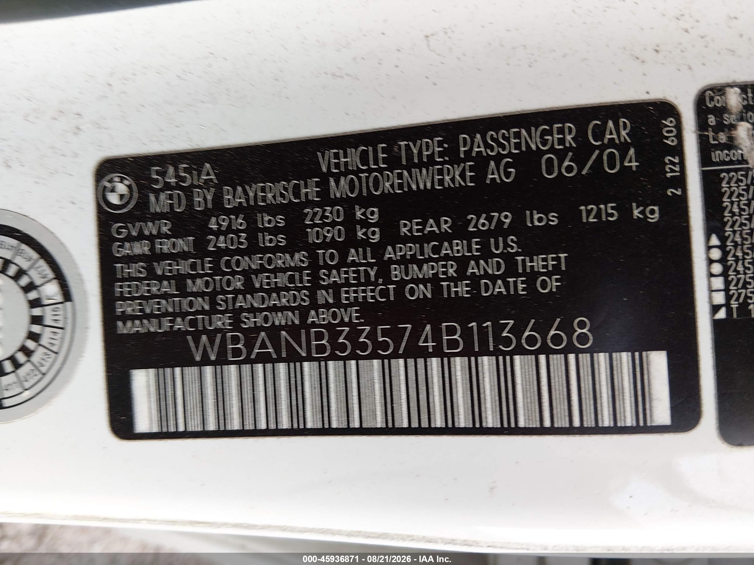 2004 Bmw 545i   Белый vin: WBANB33574B113668