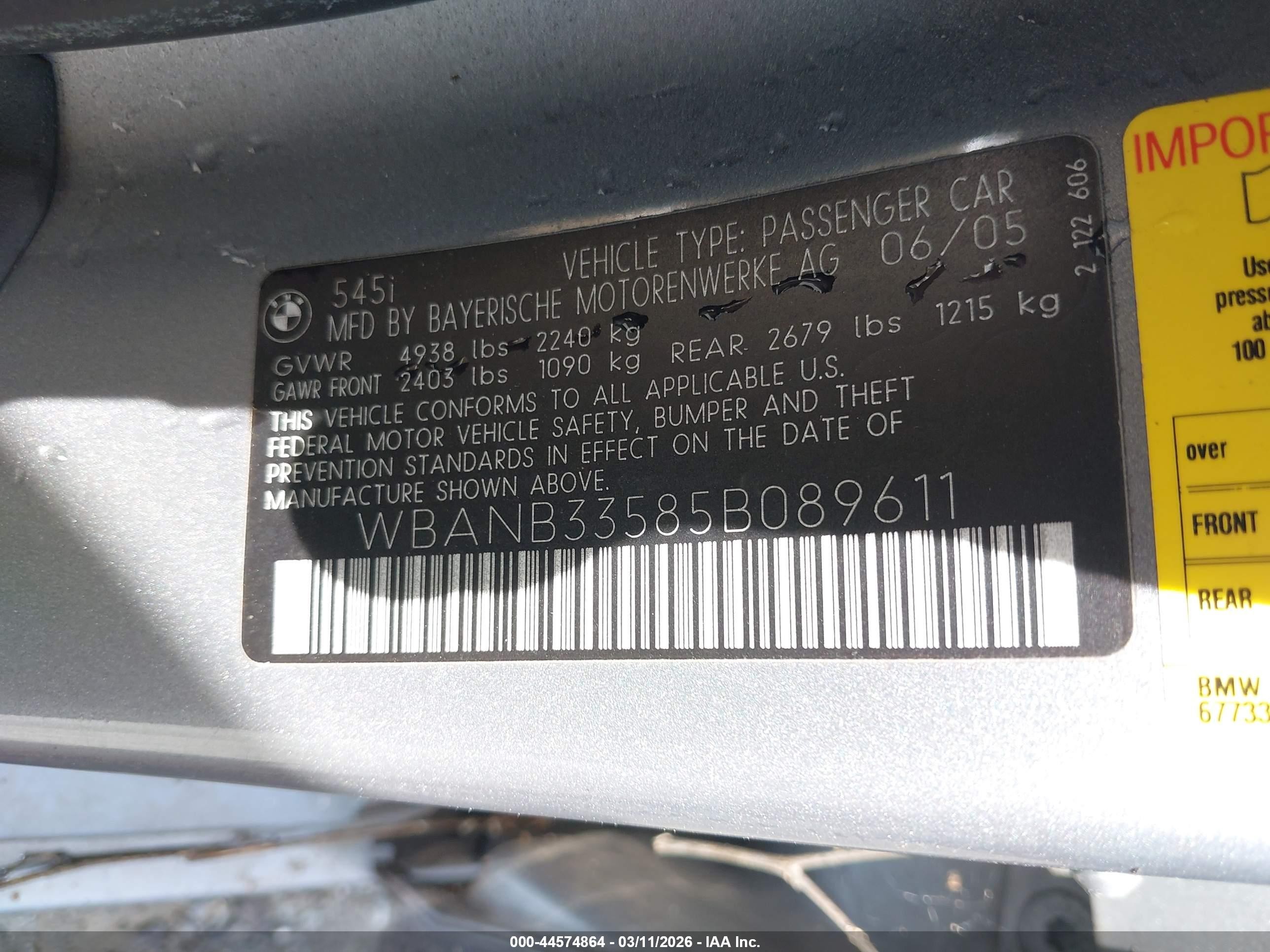 2005 Bmw 545i   Gray vin: WBANB33585B089611