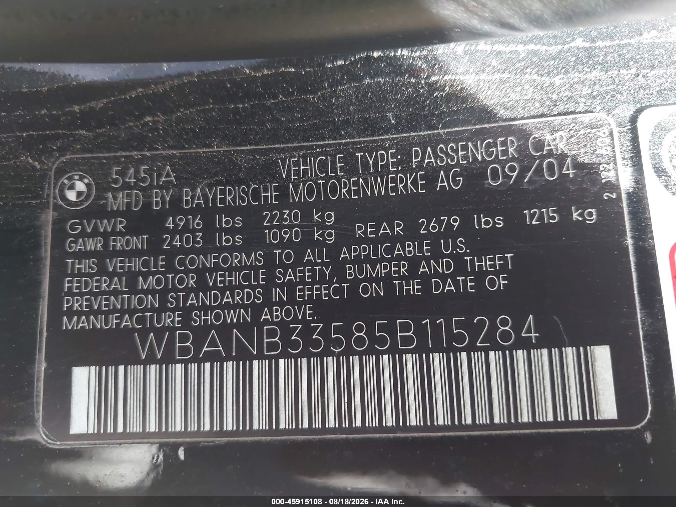 2005 Bmw 545i   Black vin: WBANB33585B115284