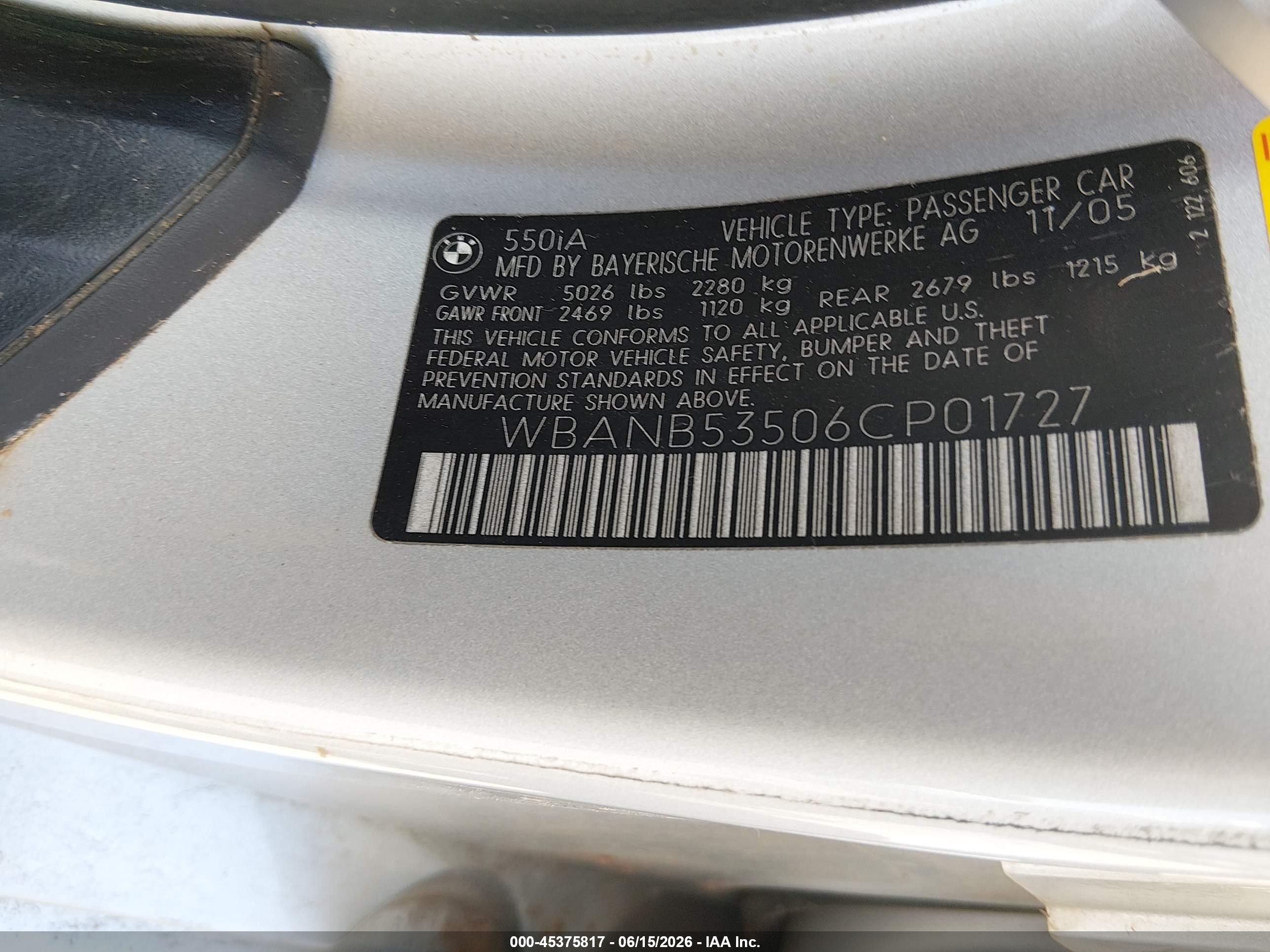 2006 Bmw 550i   Silver vin: WBANB53506CP01727