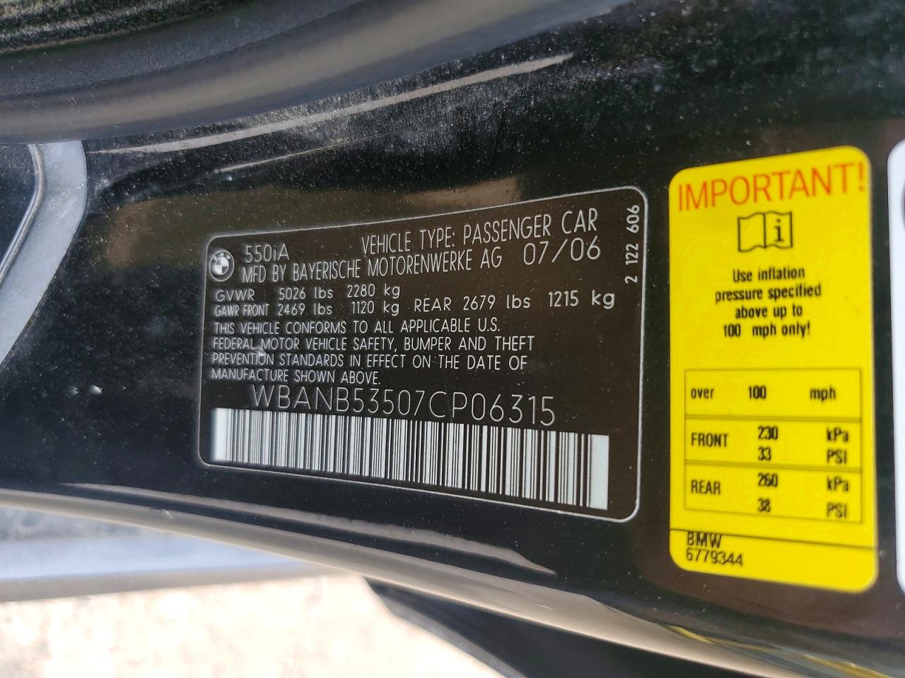2007 Bmw 550 I Черный vin: WBANB53507CP06315