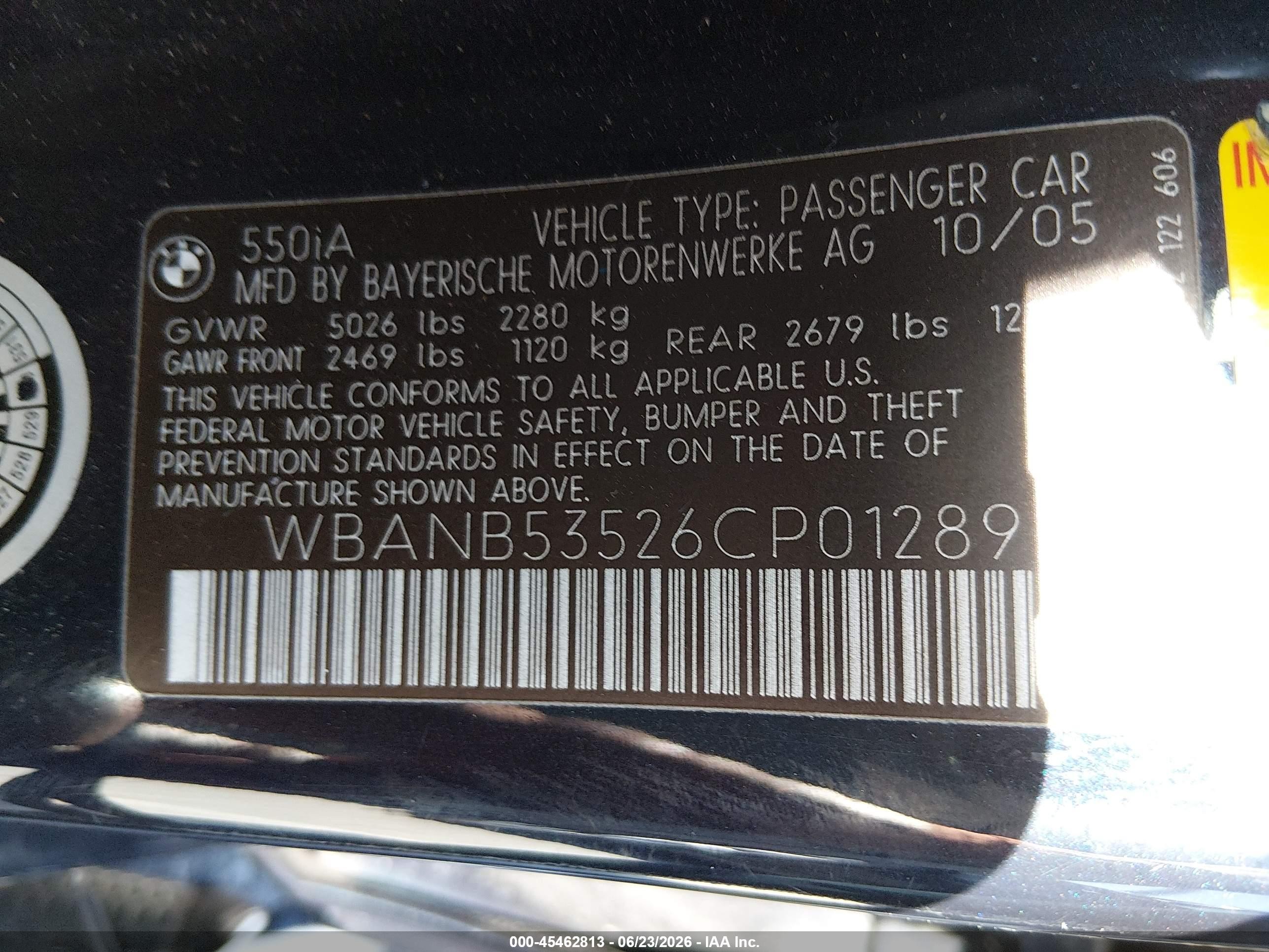 2006 Bmw 550i   Blue vin: WBANB53526CP01289