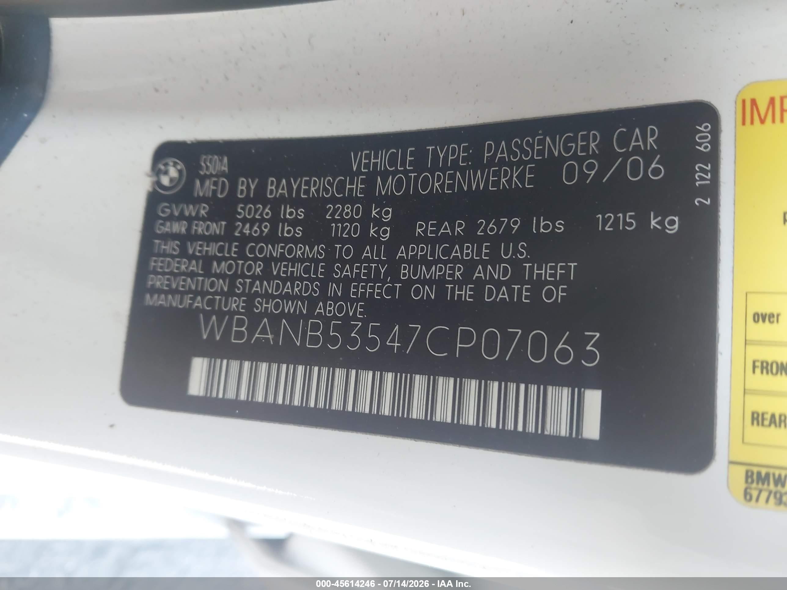2007 Bmw 550i   White vin: WBANB53547CP07063