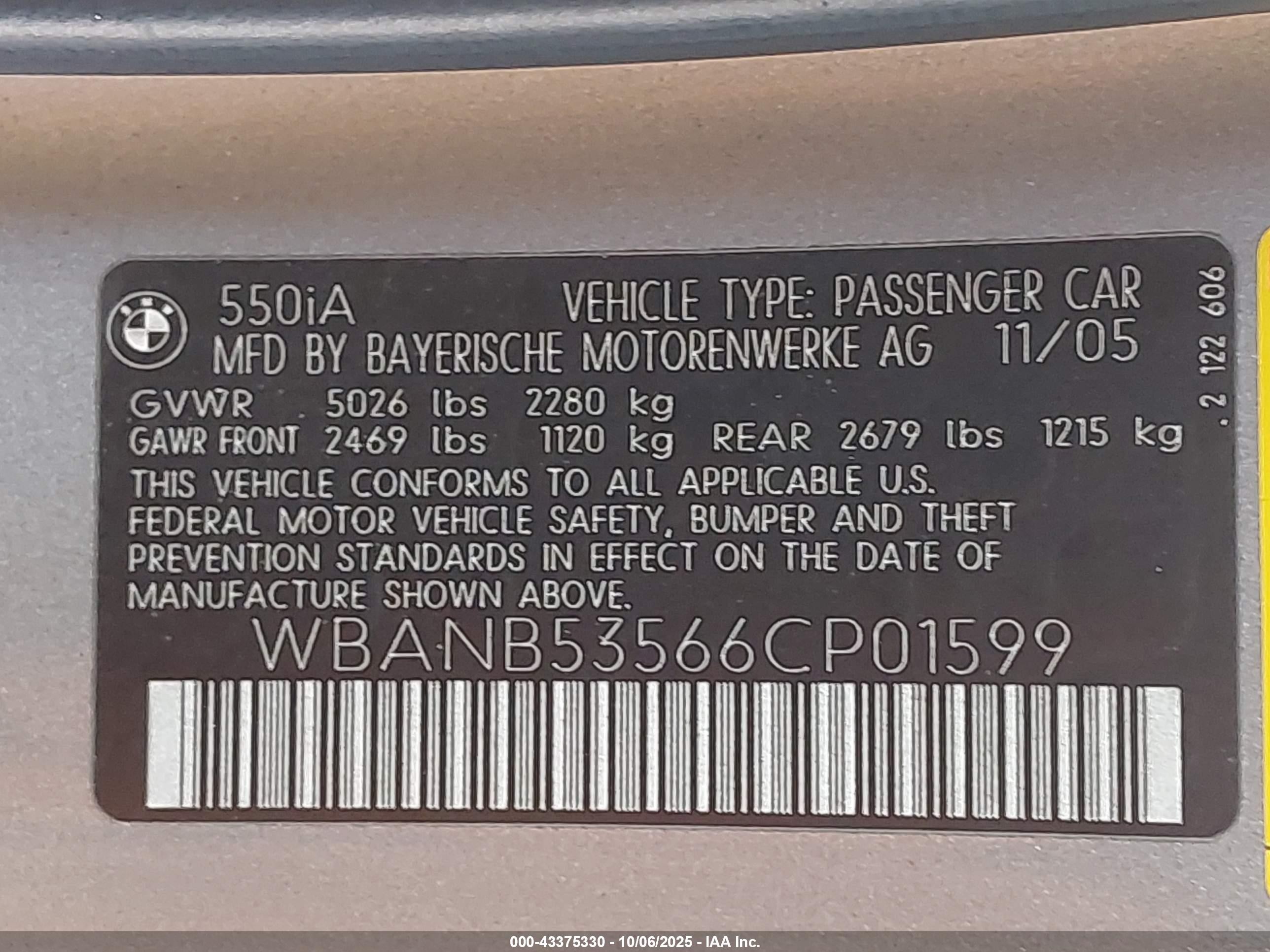 2006 Bmw 550i   Silver vin: WBANB53566CP01599