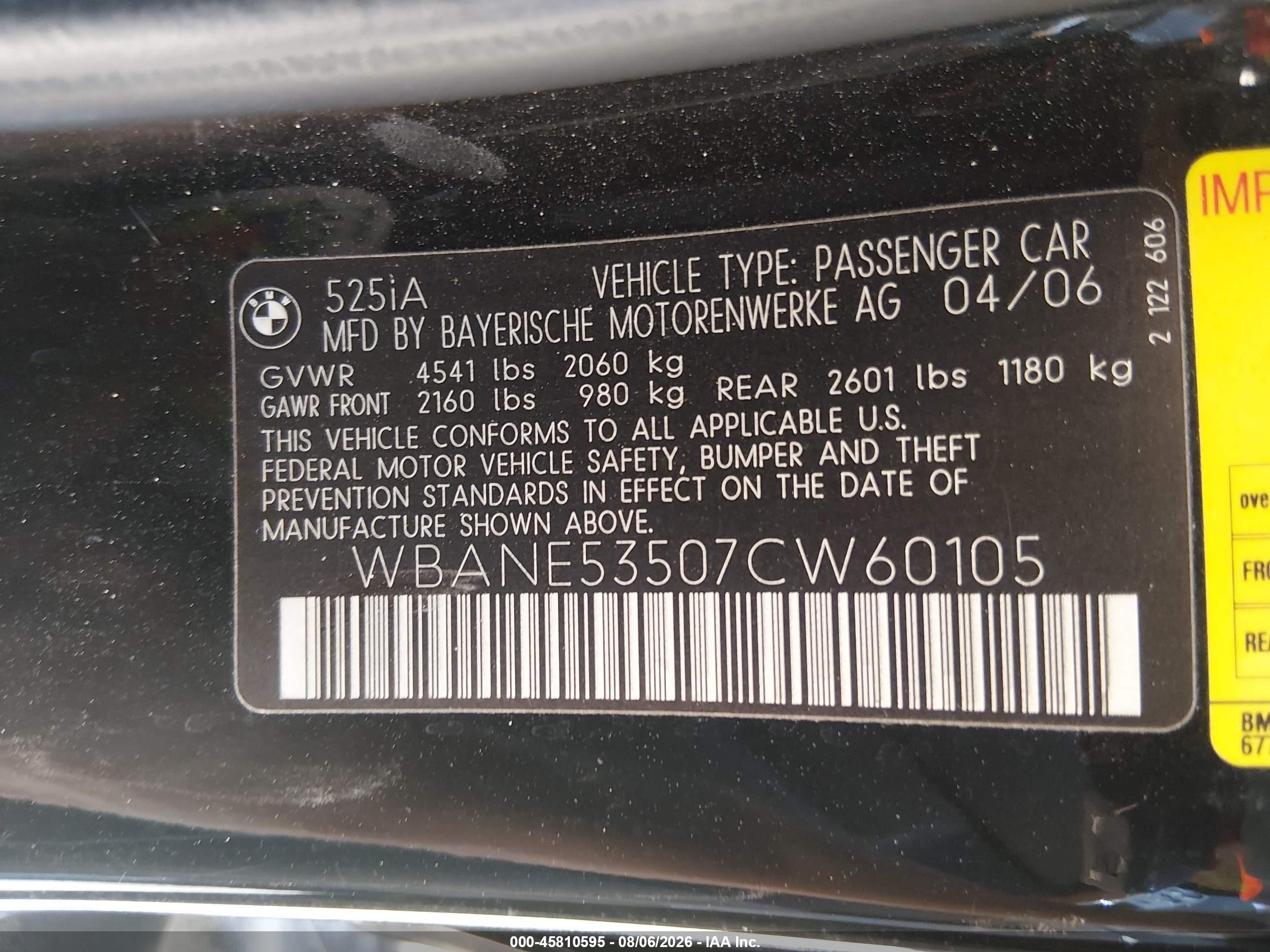 2007 Bmw 525i   Black vin: WBANE53507CW60105