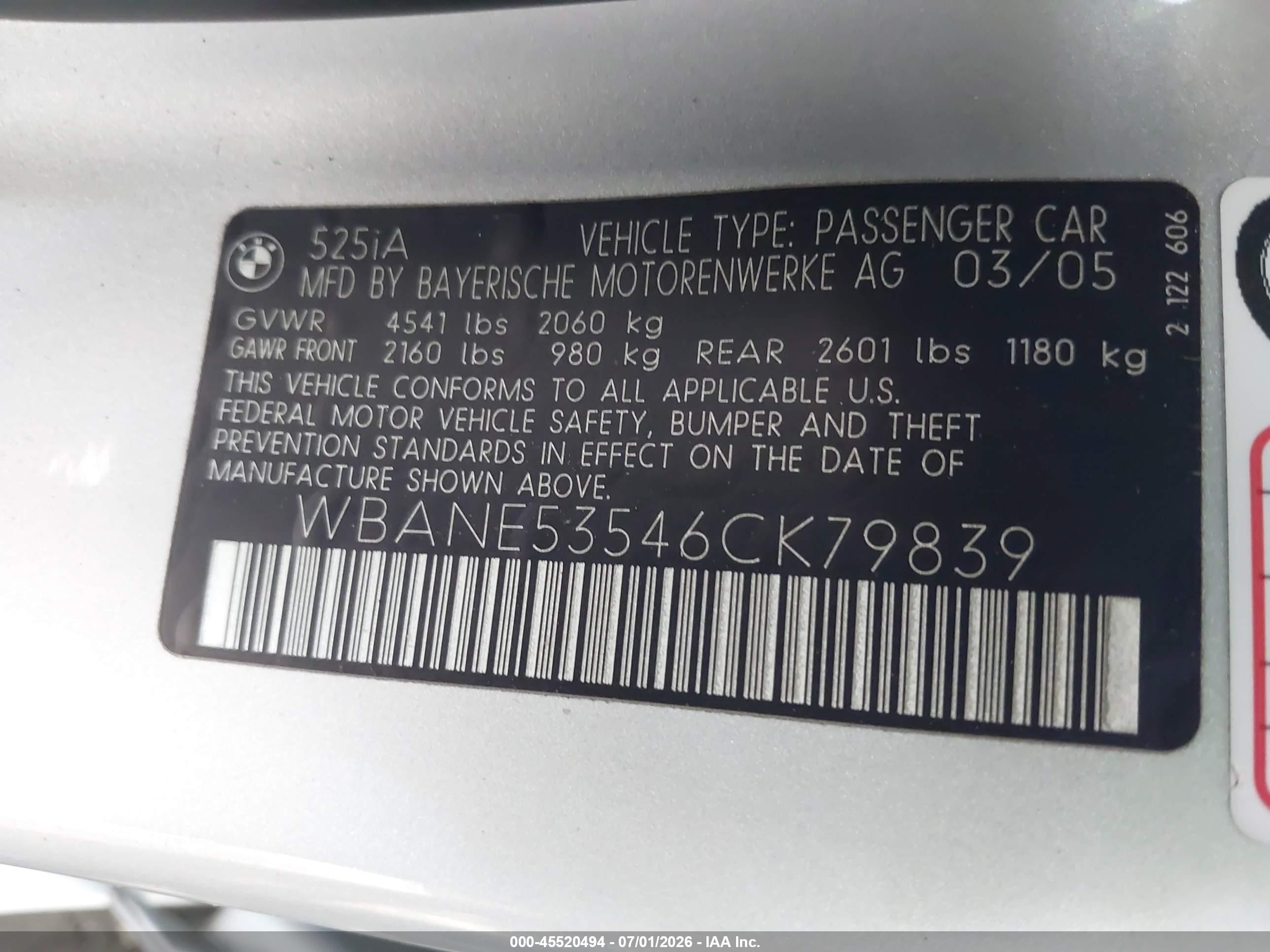 2006 Bmw 525i   Silver vin: WBANE53546CK79839