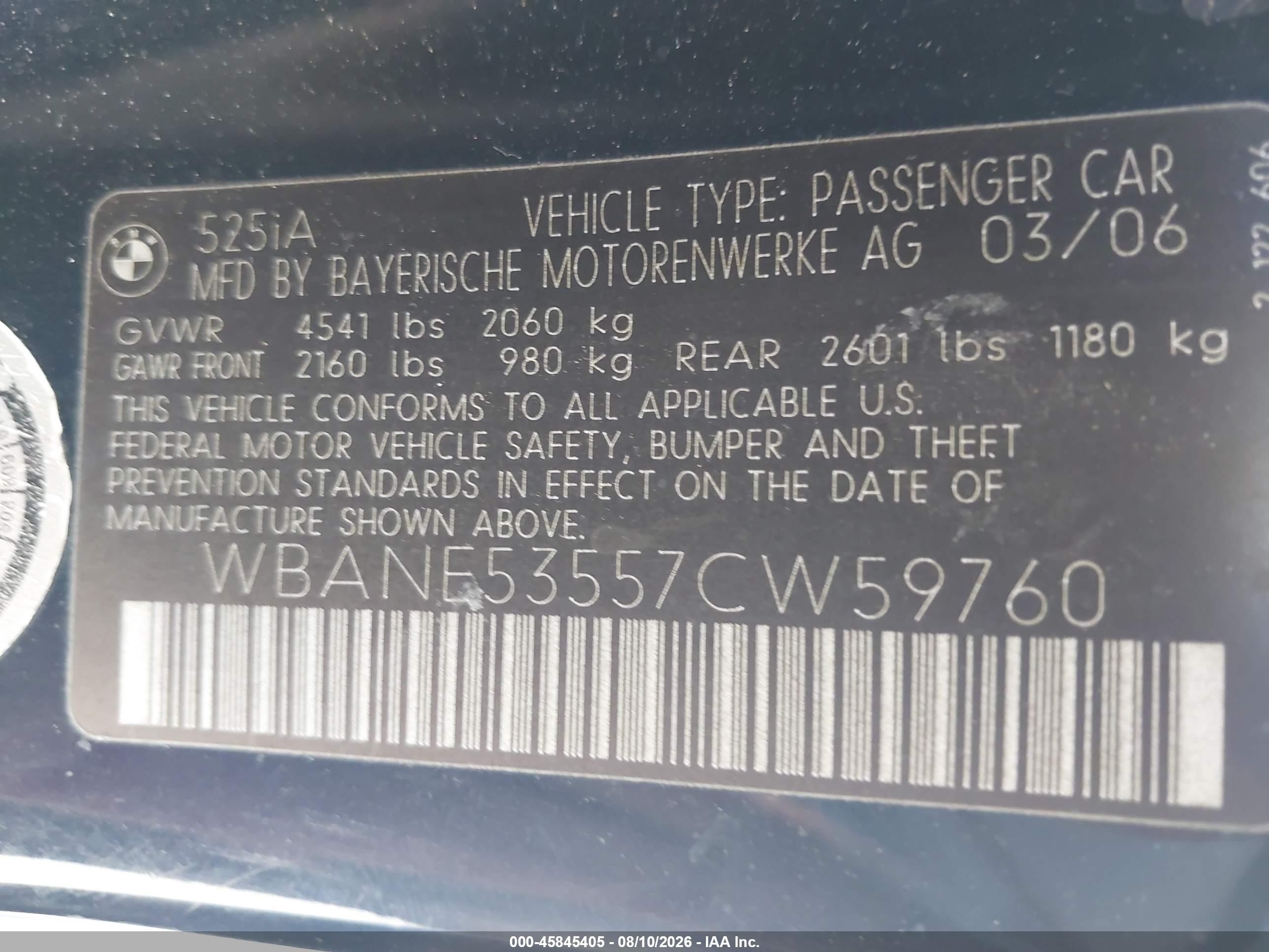 2007 Bmw 525i   Blue vin: WBANE53557CW59760