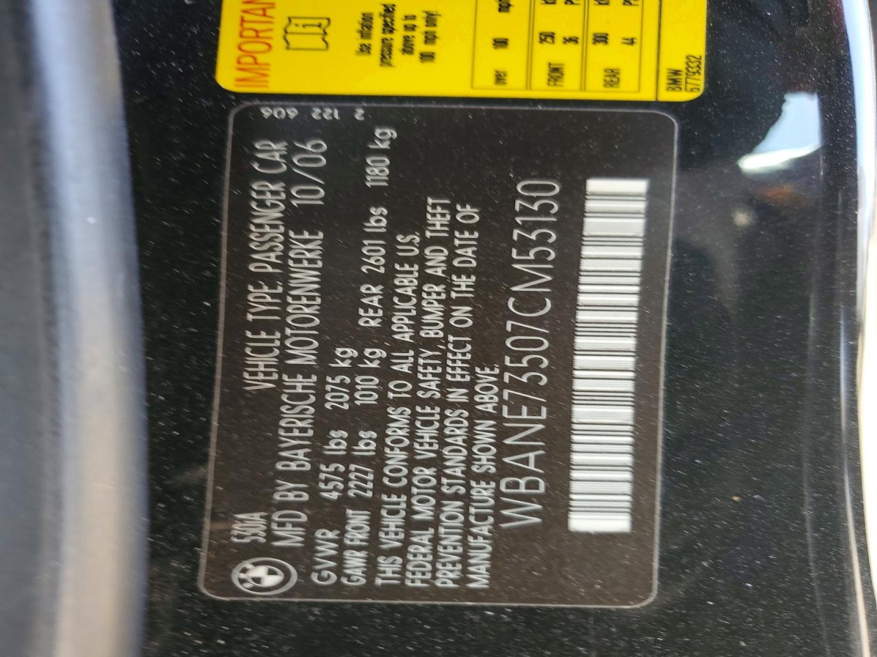 2007 Bmw 530 I Черный vin: WBANE73507CM53130