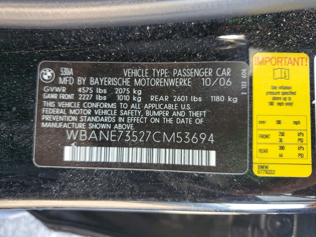 2007 Bmw 530 I Black vin: WBANE73527CM53694