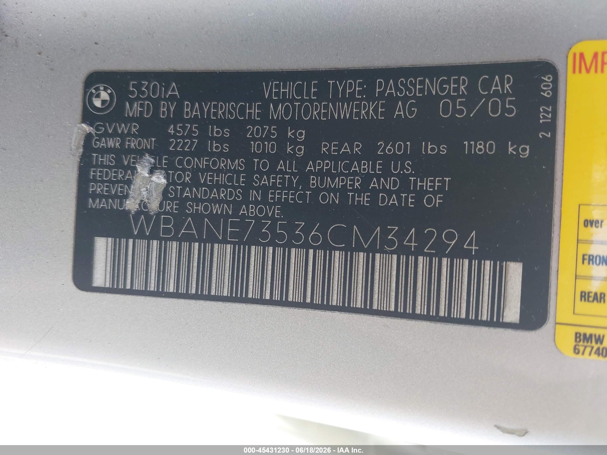 2006 Bmw 530i   Silver vin: WBANE73536CM34294
