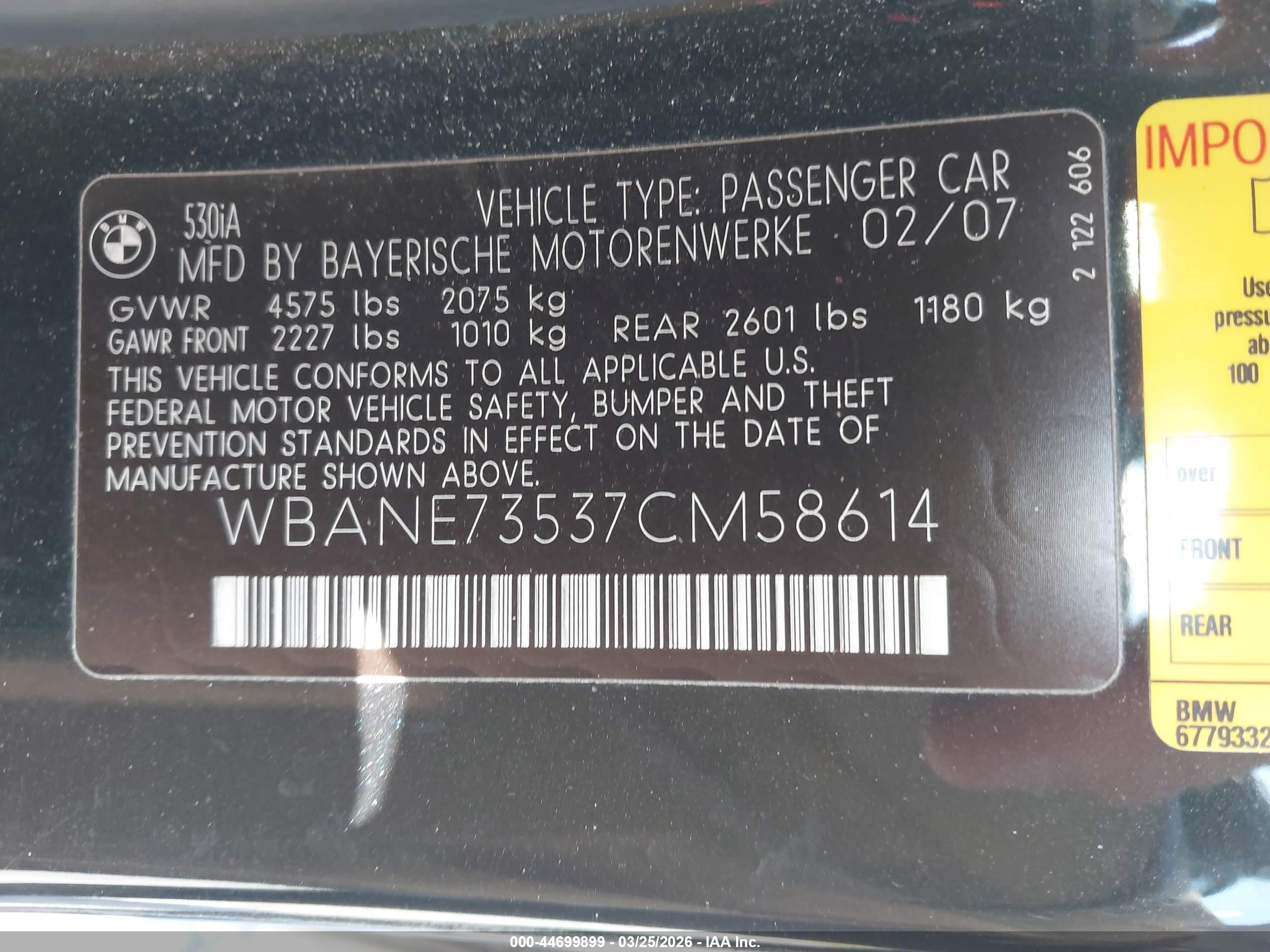 2007 Bmw 530i   Black vin: WBANE73537CM58614