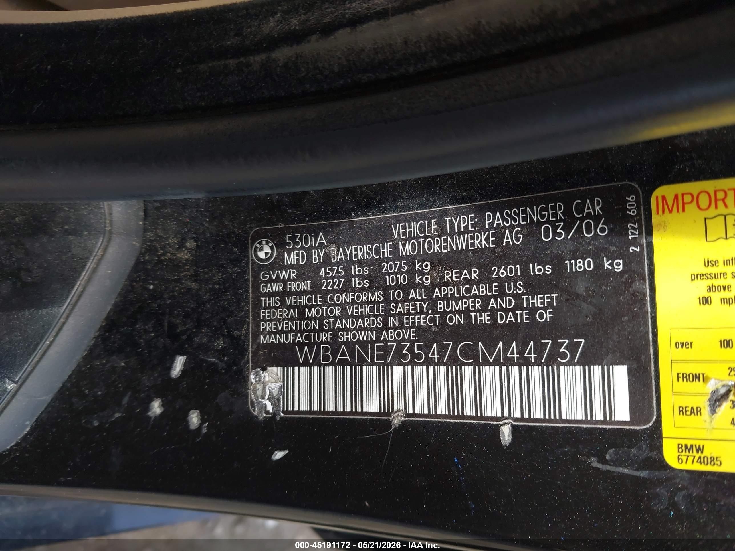 2007 Bmw 530i   Black vin: WBANE73547CM44737