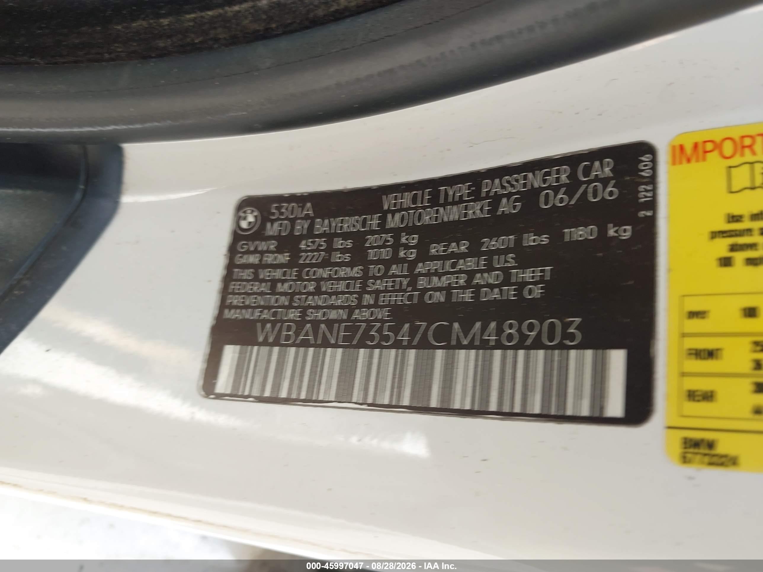 2007 Bmw 530i   White vin: WBANE73547CM48903