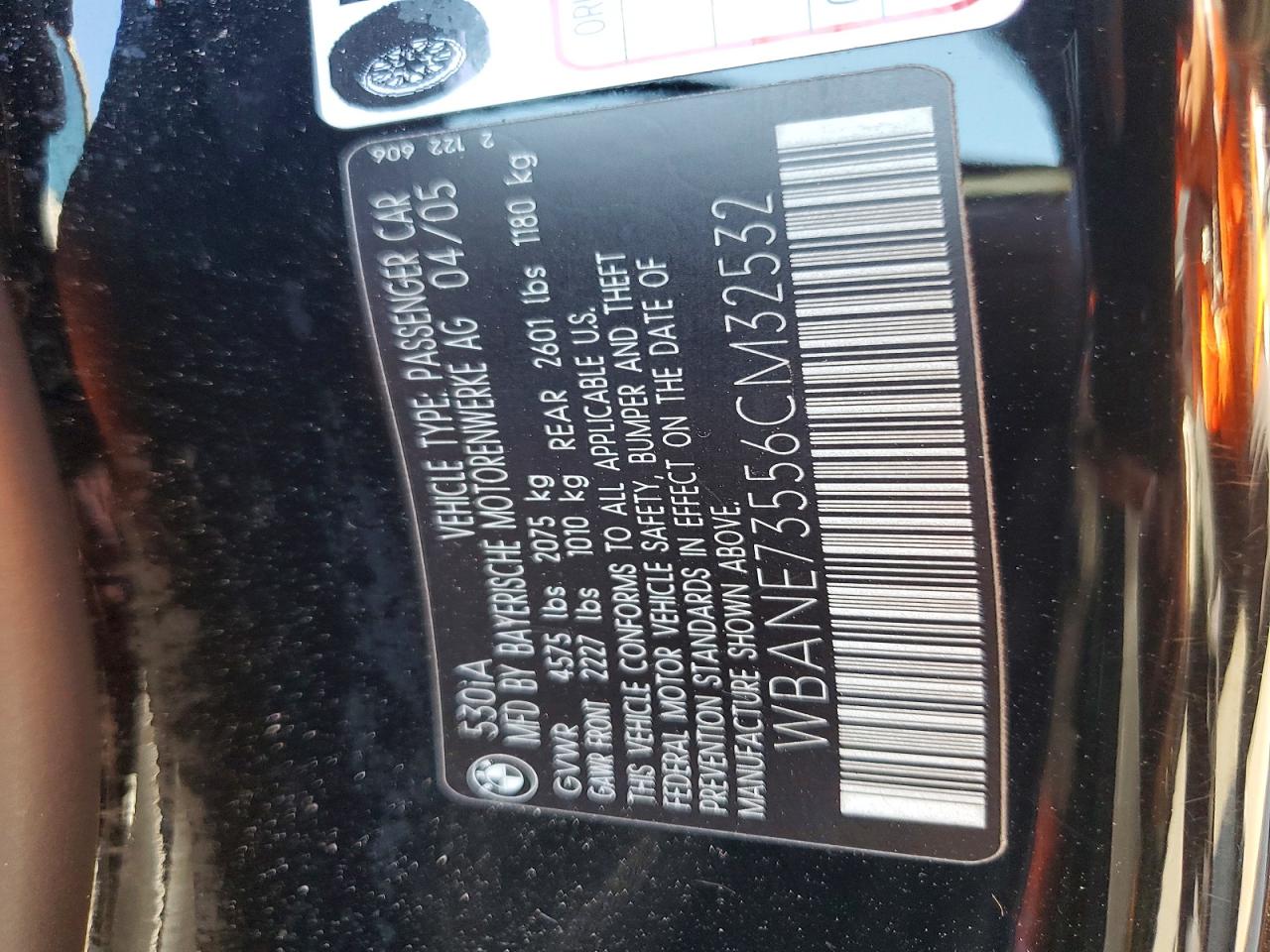 2006 Bmw 530 I Черный vin: WBANE73556CM32532