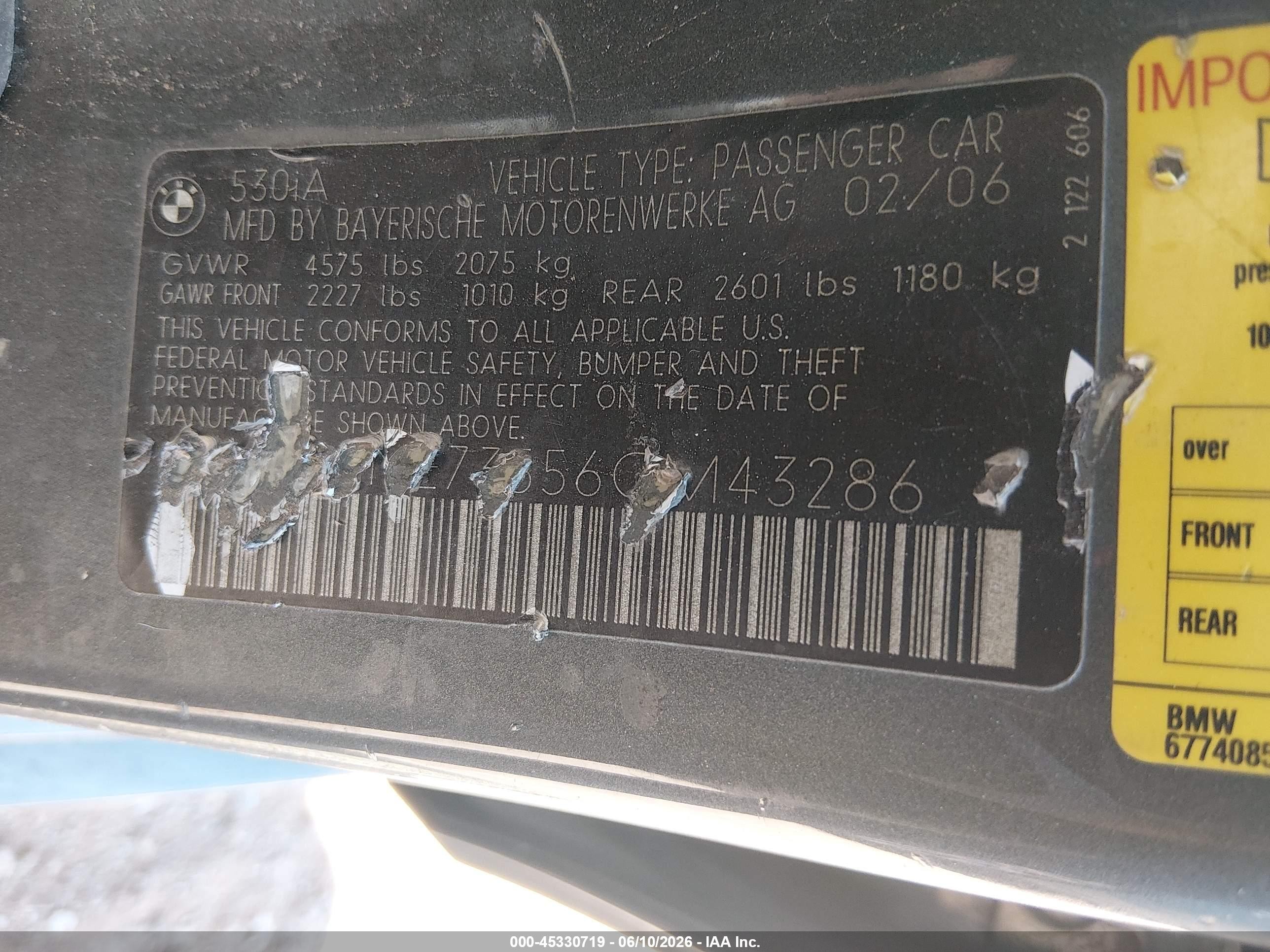 2006 Bmw 530i   Green vin: WBANE73556CM43286