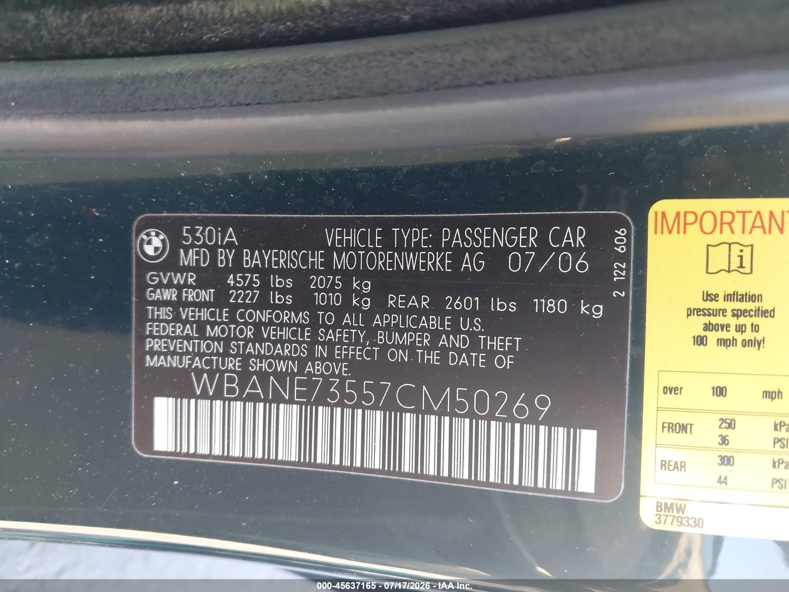 2007 Bmw 530i   Green vin: WBANE73557CM50269