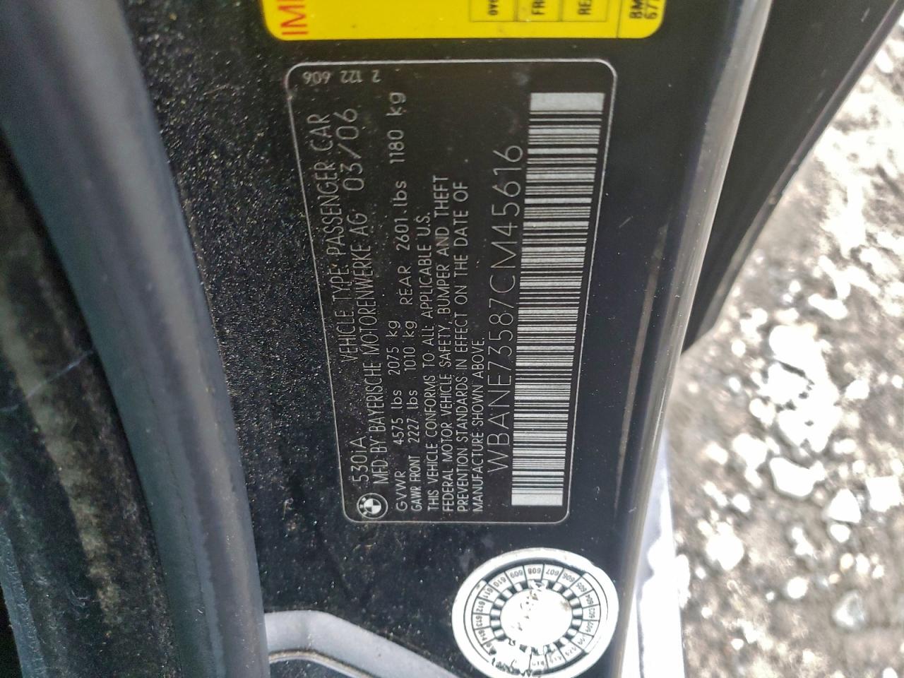 2007 Bmw 530 I Black vin: WBANE73587CM45616