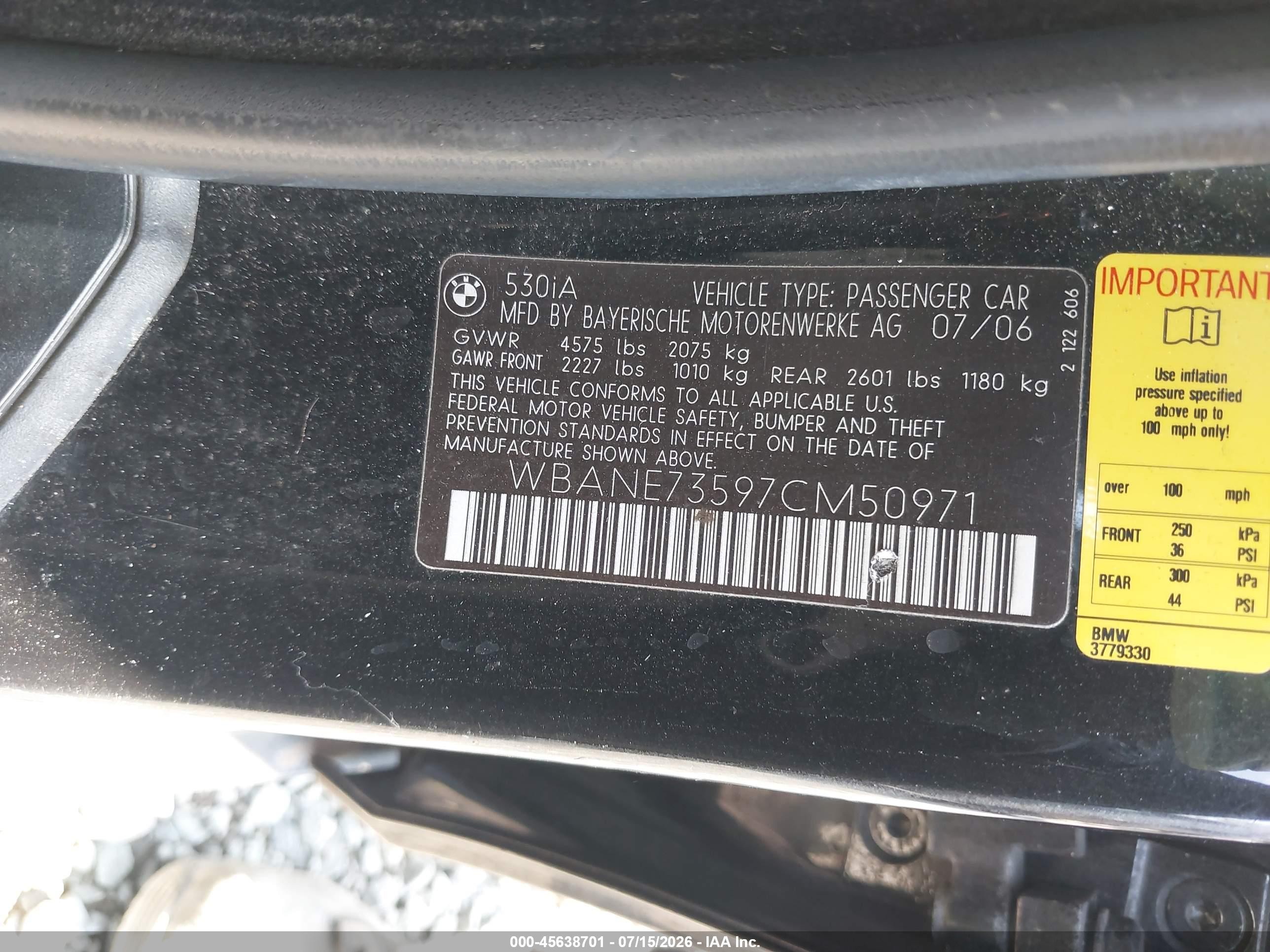 2007 Bmw 530i   Black vin: WBANE73597CM50971