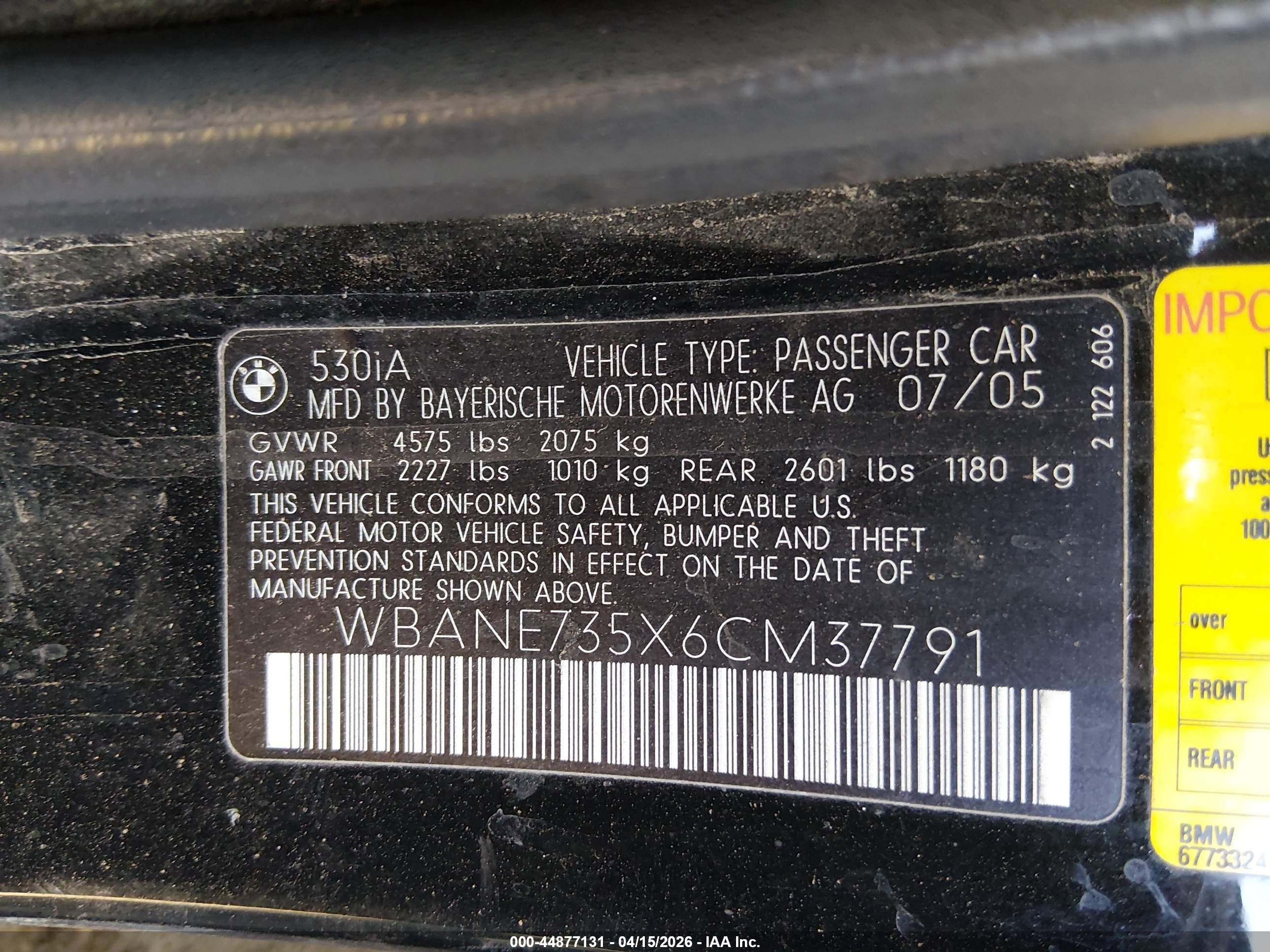 2006 Bmw 530i   Black vin: WBANE735X6CM37791