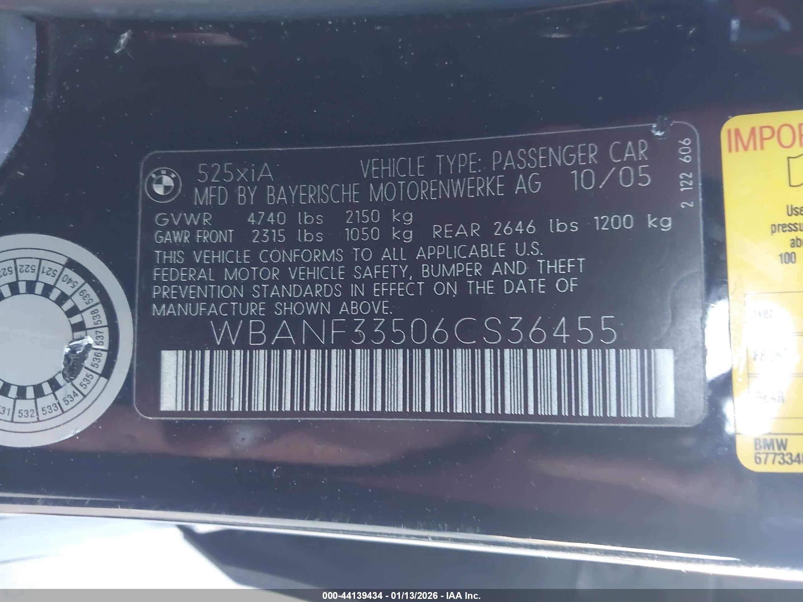 2006 Bmw 525xi   Black vin: WBANF33506CS36455