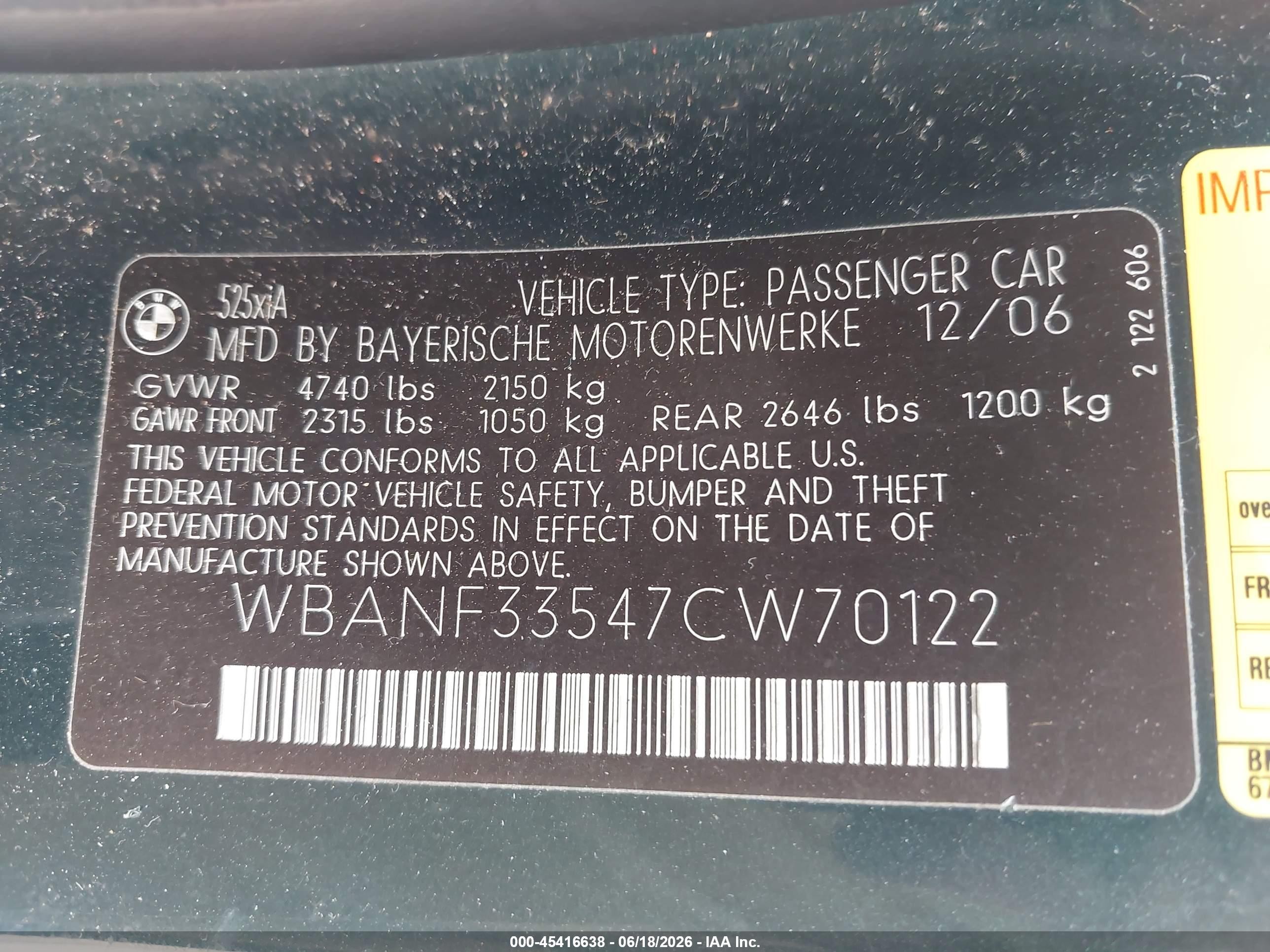 2007 Bmw 525xi   Green vin: WBANF33547CW70122