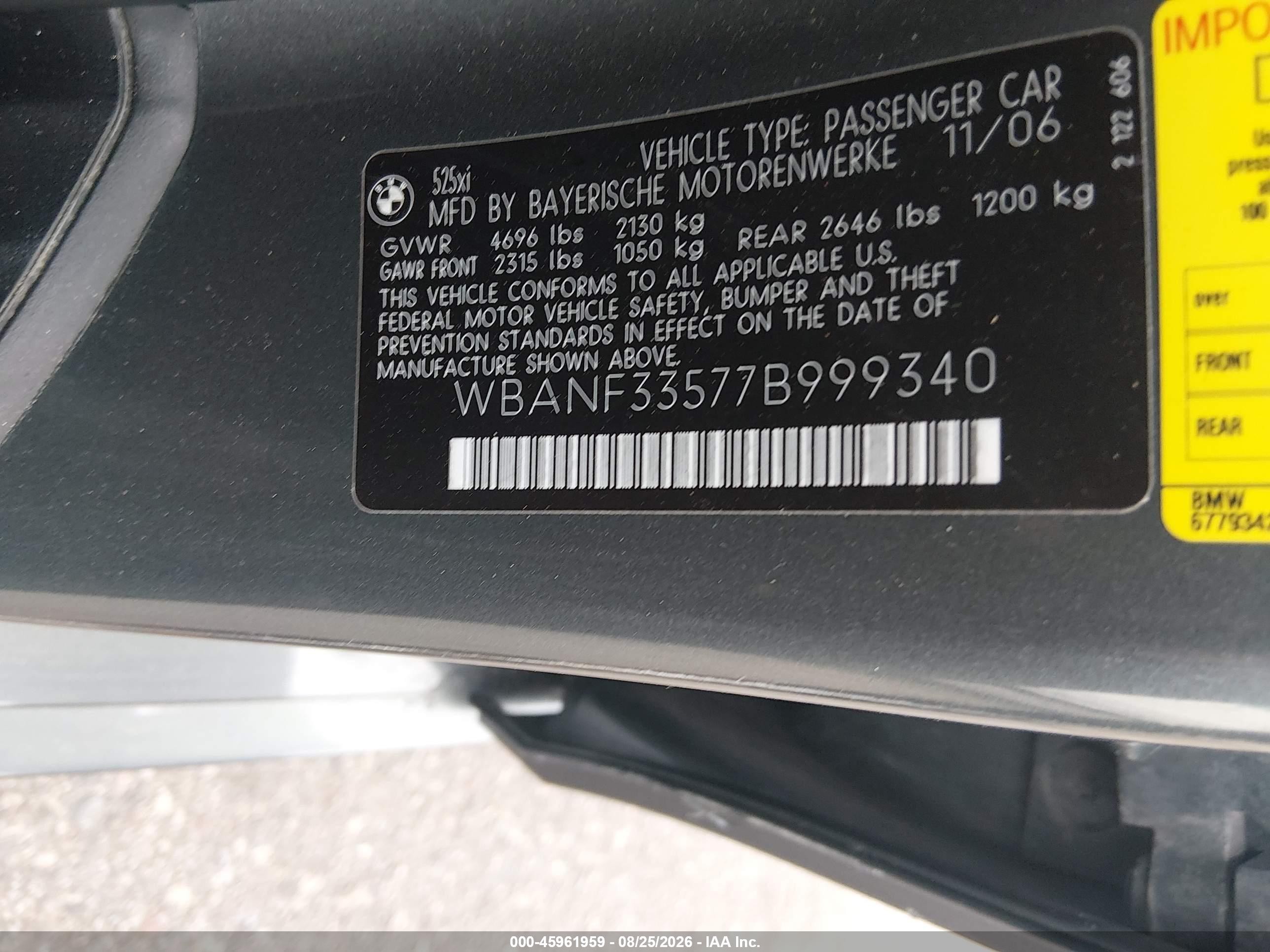 2007 Bmw 525xi Gray vin: WBANF33577B999340