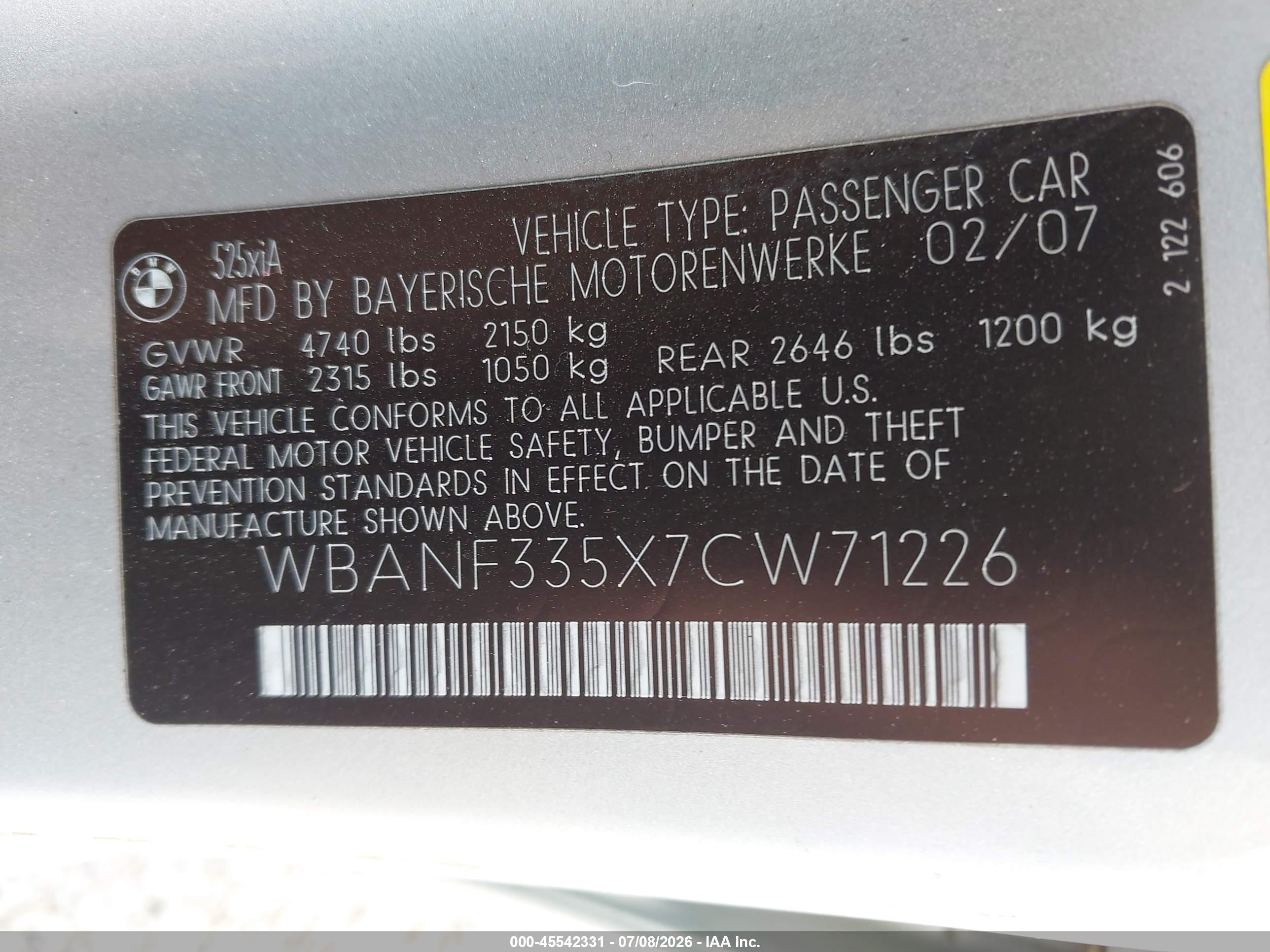2007 Bmw 525xi   Silver vin: WBANF335X7CW71226