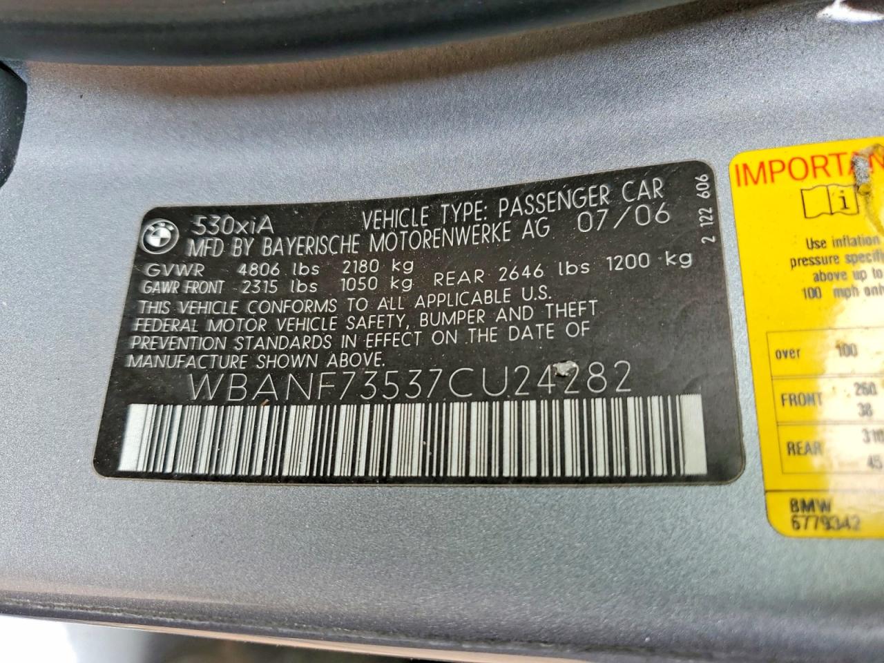 2007 Bmw 530 Xi Gray vin: WBANF73537CU24282