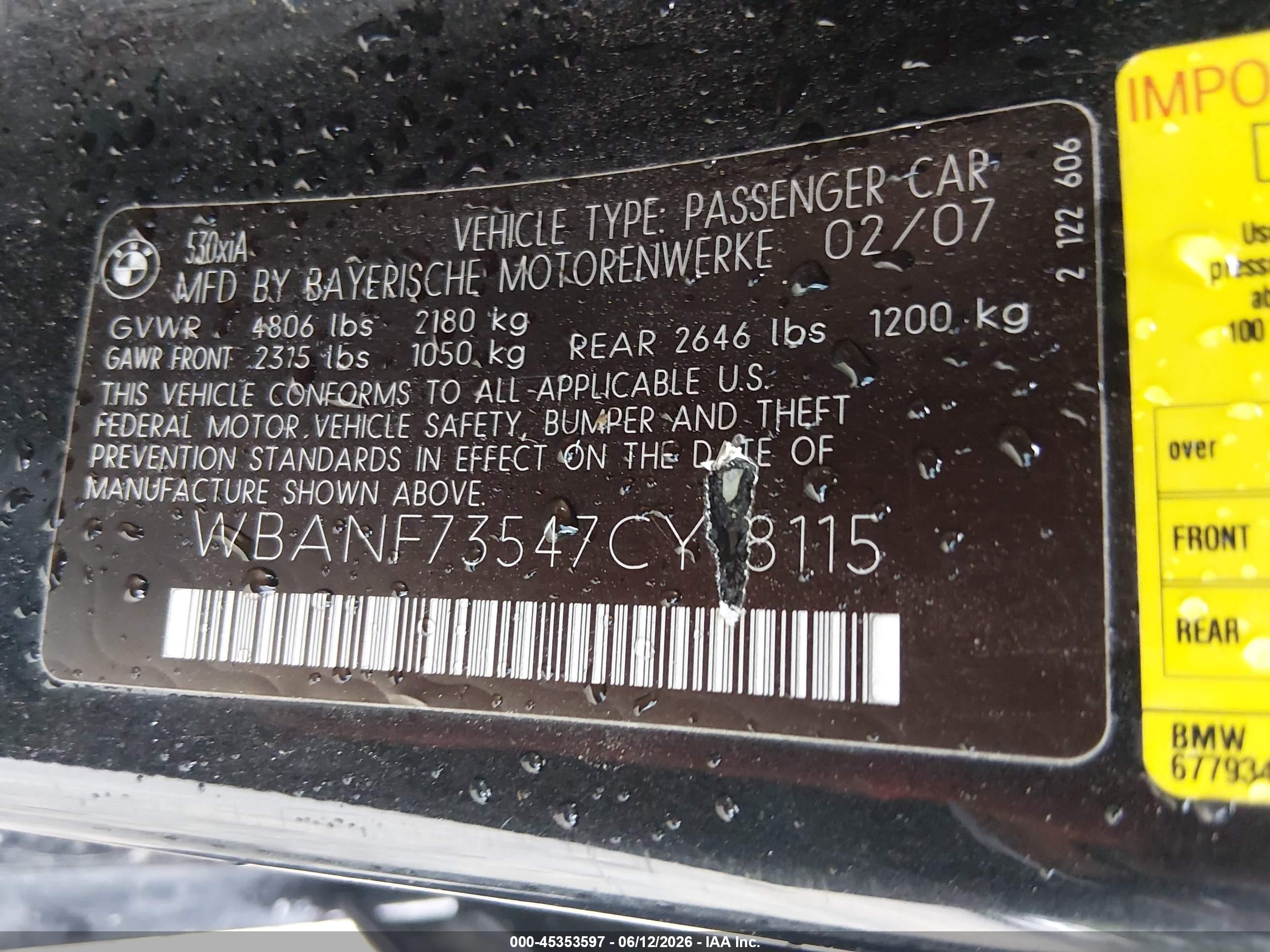 2007 Bmw 530xi   Black vin: WBANF73547CY18115