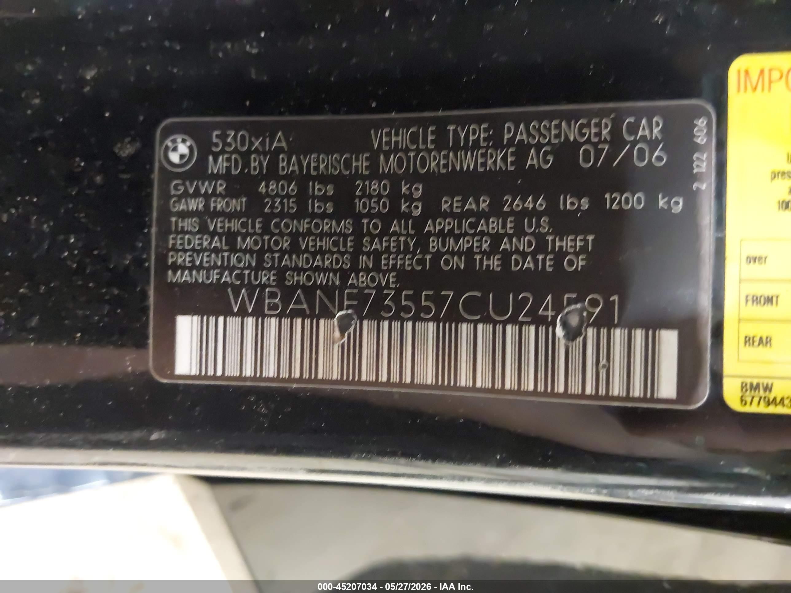 2007 Bmw 530xi   Black vin: WBANF73557CU24591