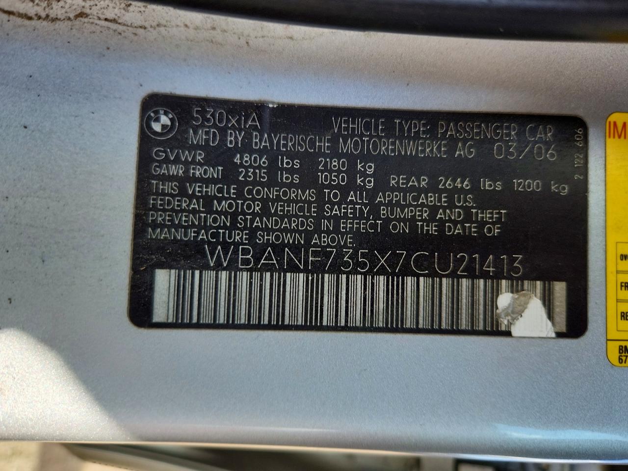 2007 Bmw 530 Xi Silver vin: WBANF735X7CU21413