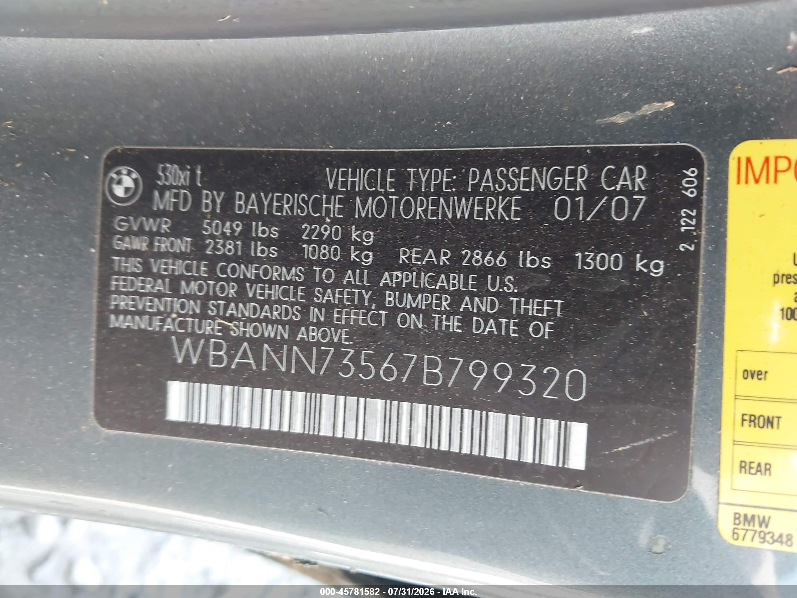 2007 Bmw 530xit   Gray vin: WBANN73567B799320