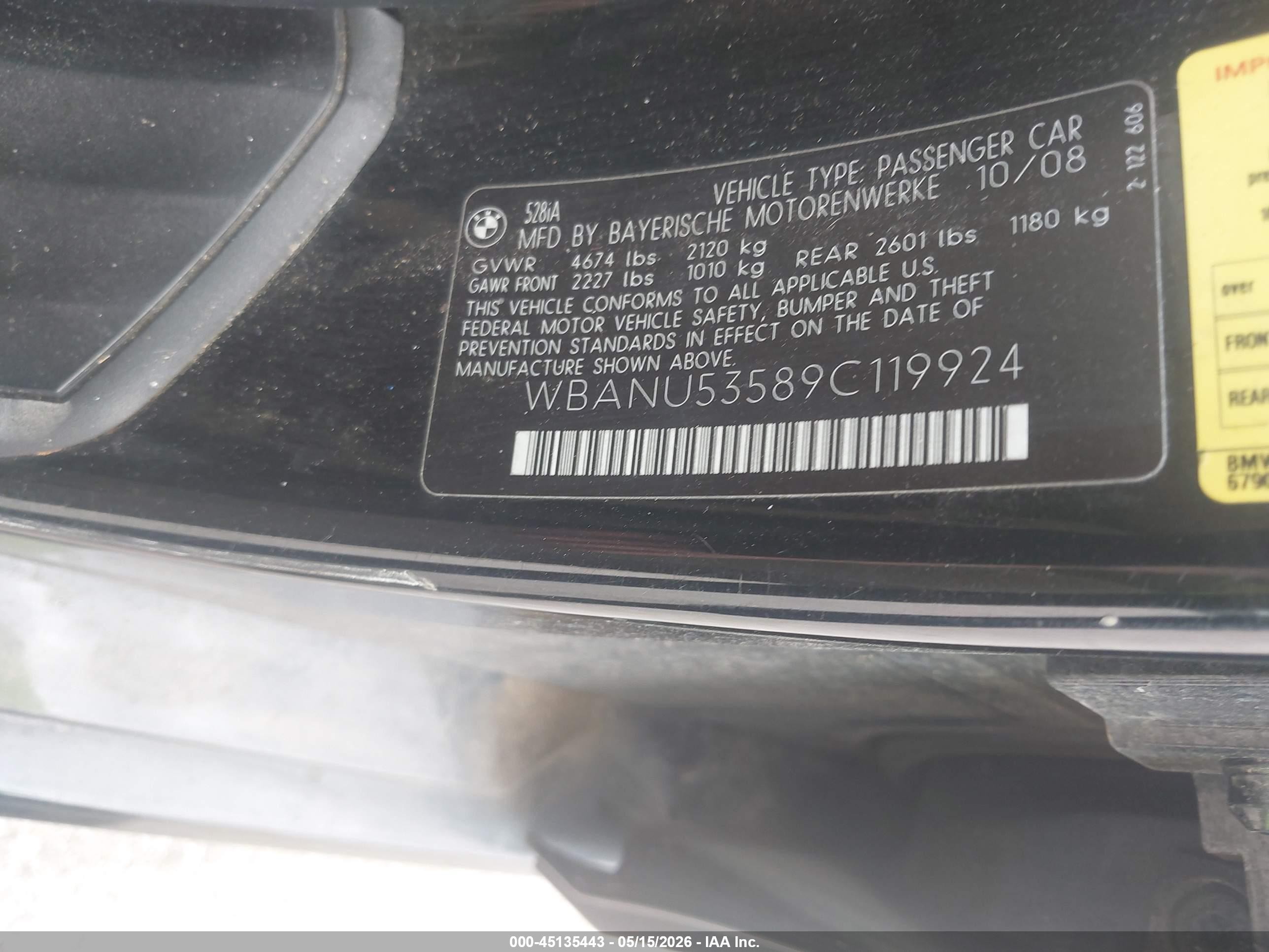2009 Bmw 528i   Black vin: WBANU53589C119924