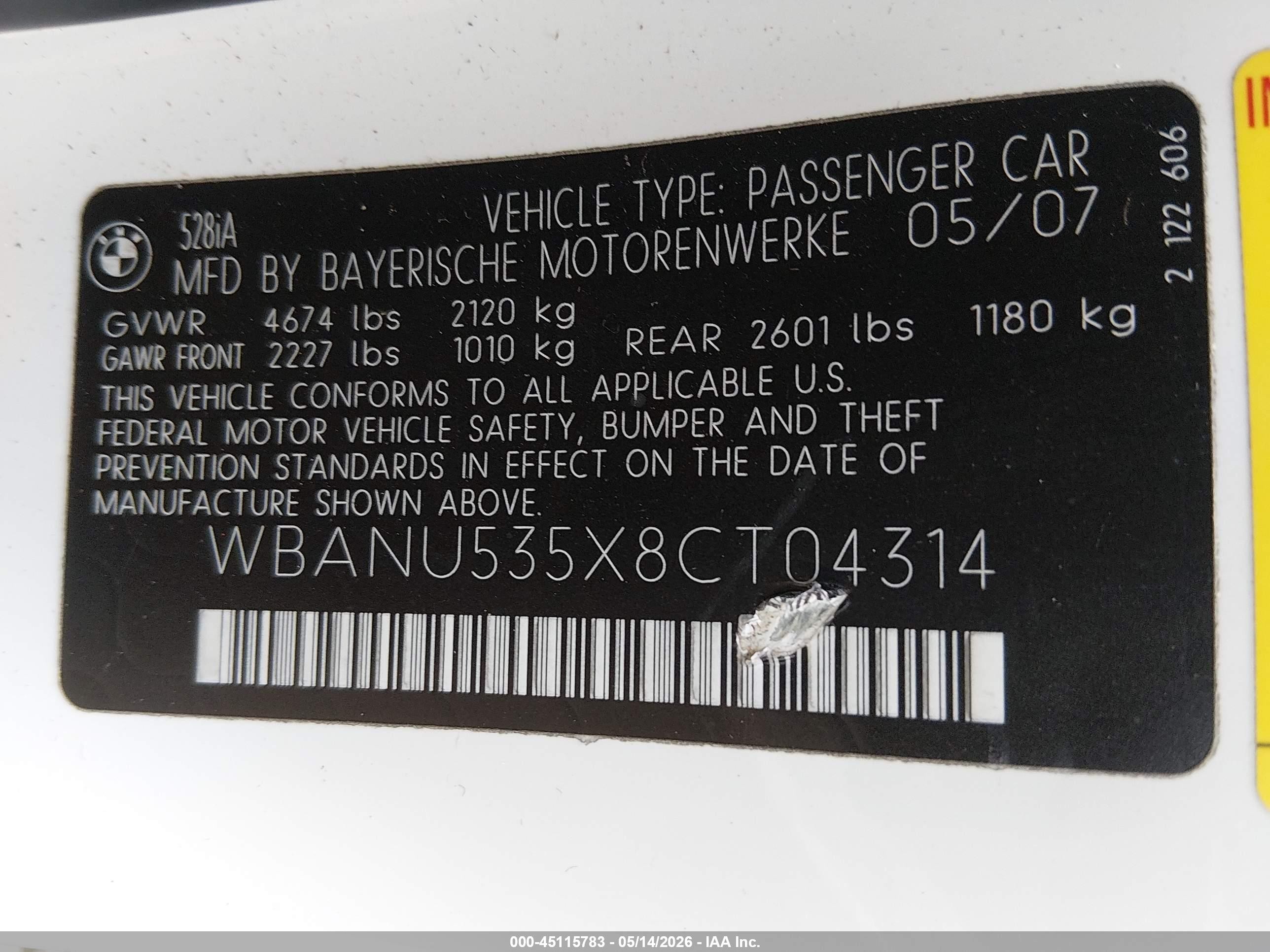 2008 Bmw 528i   White vin: WBANU535X8CT04314