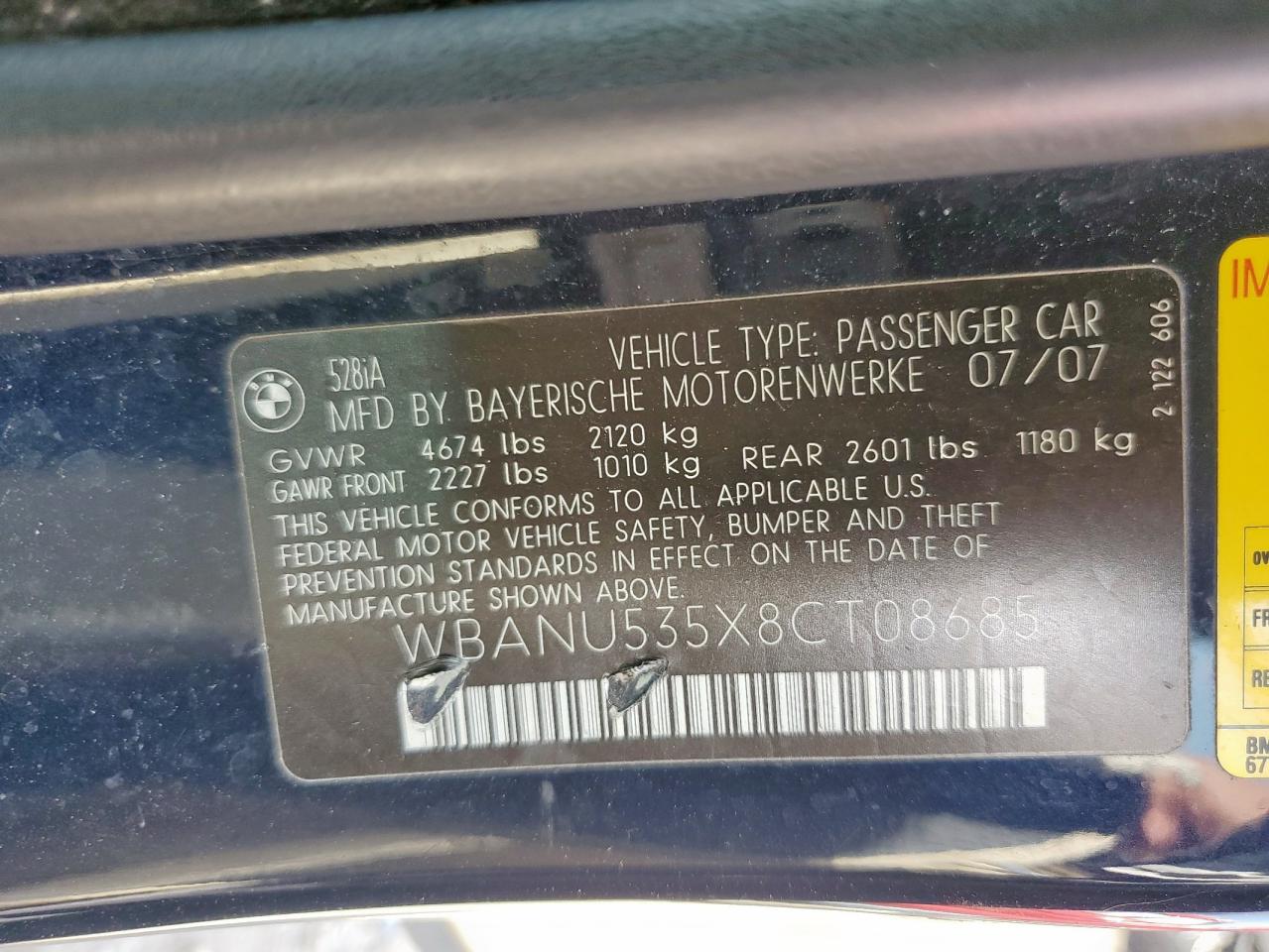 2008 Bmw 528 I Blue vin: WBANU535X8CT08685
