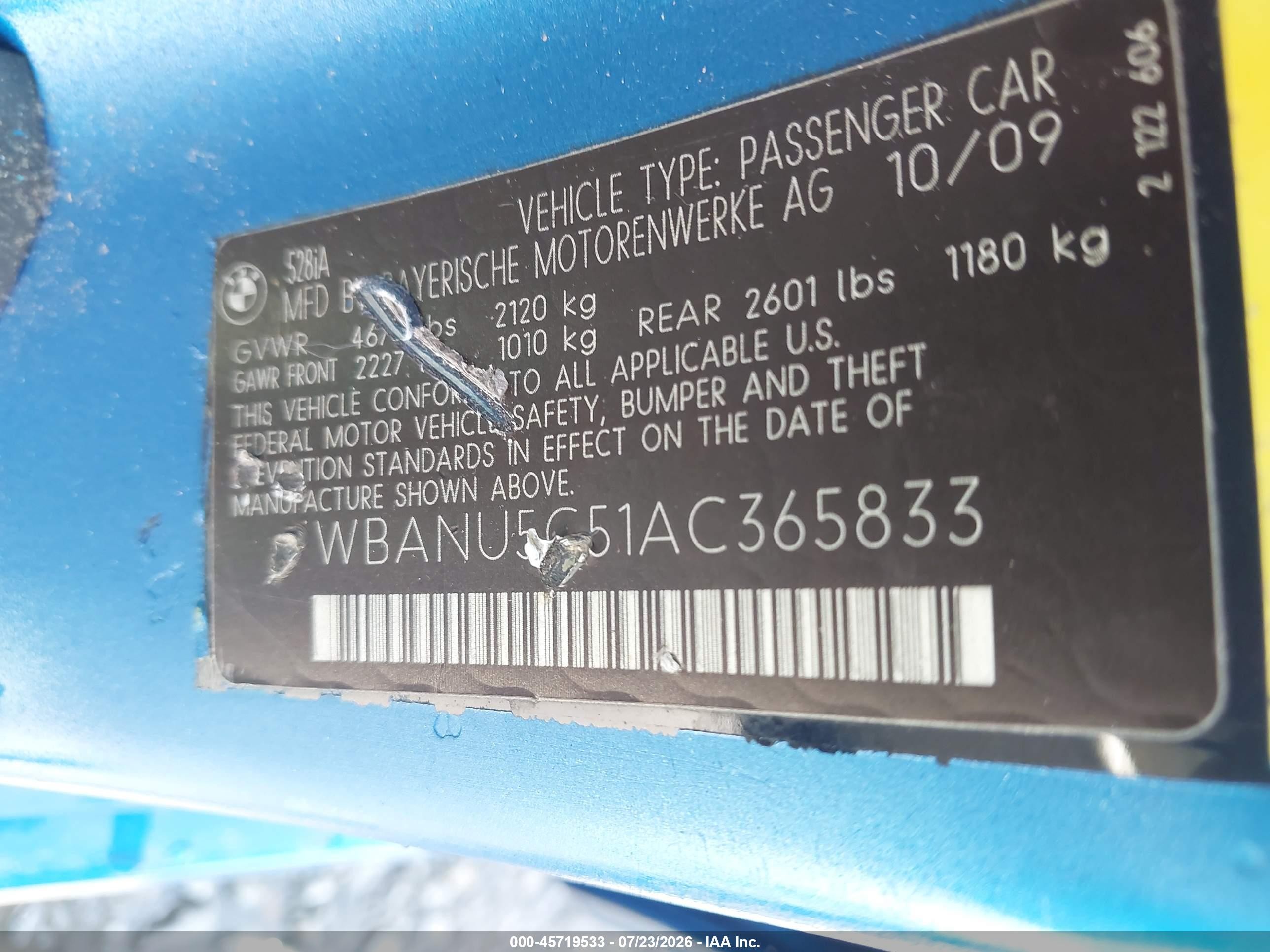 2010 Bmw 528i   Blue vin: WBANU5C51AC365833
