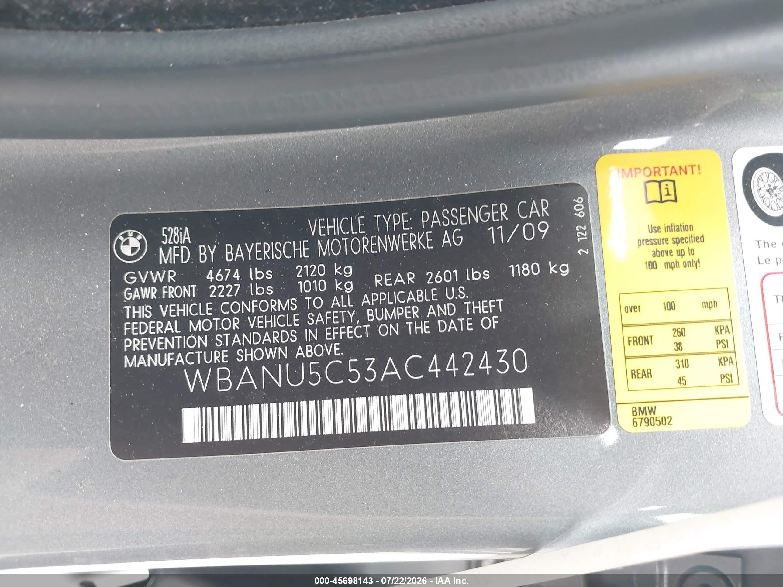 2010 Bmw 528i   Gray vin: WBANU5C53AC442430