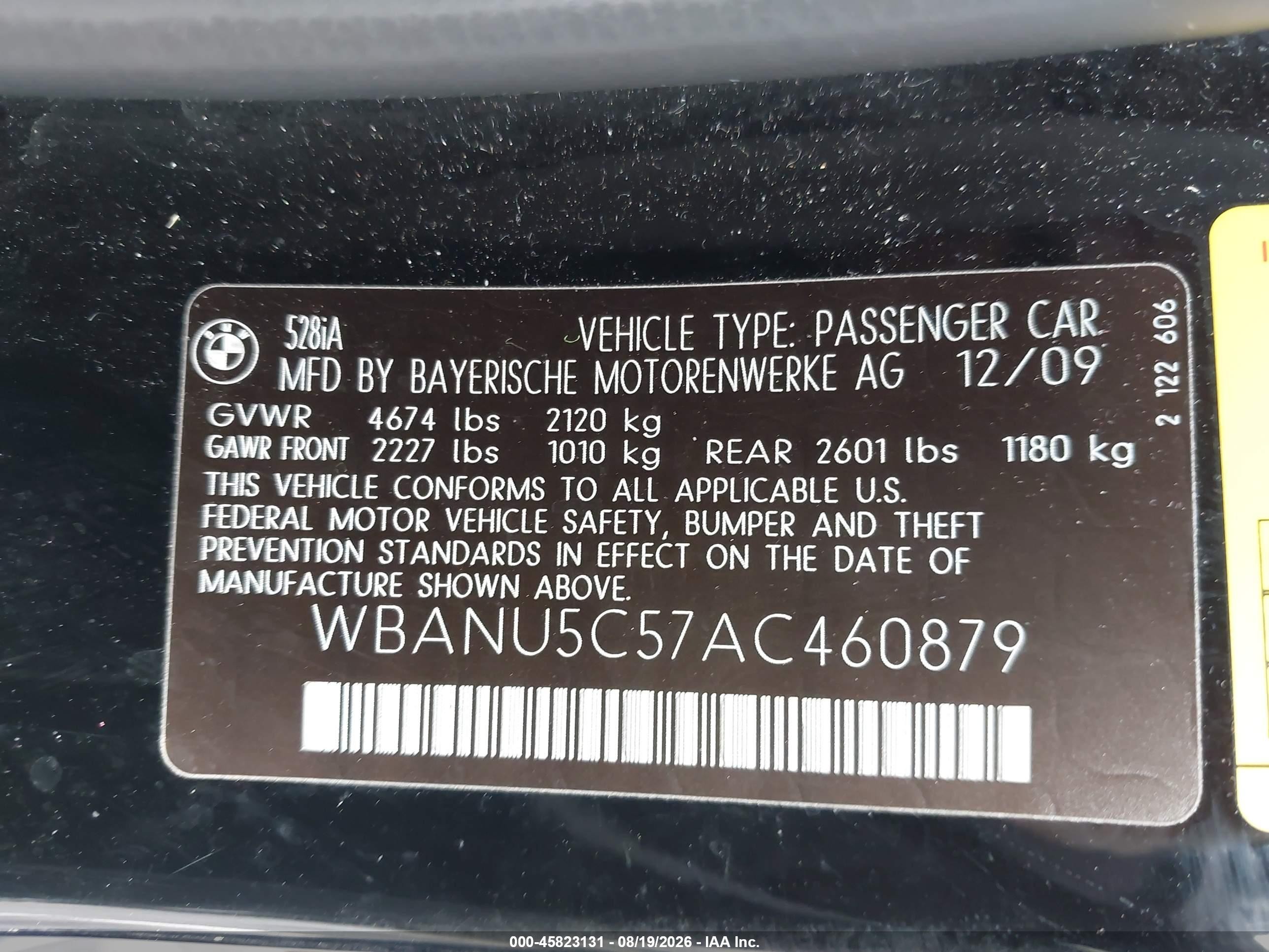 2010 Bmw 528i   Black vin: WBANU5C57AC460879